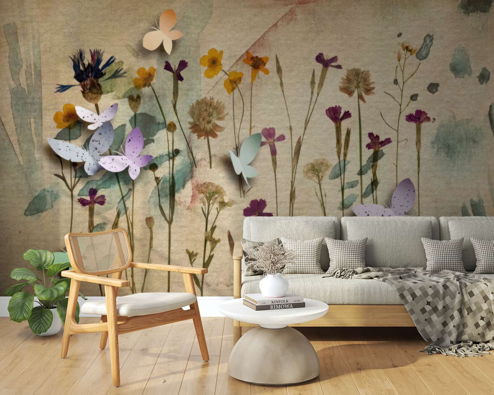 Fototapeta objemné kvety a motýle v kresbe