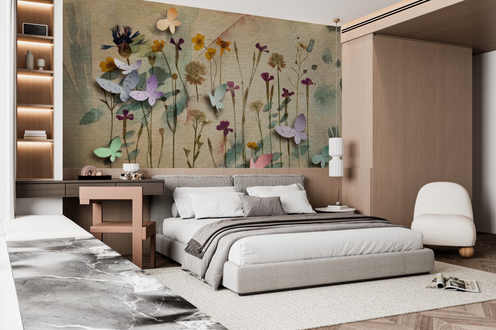 Fototapeta objemné kvety a motýle v kresbe