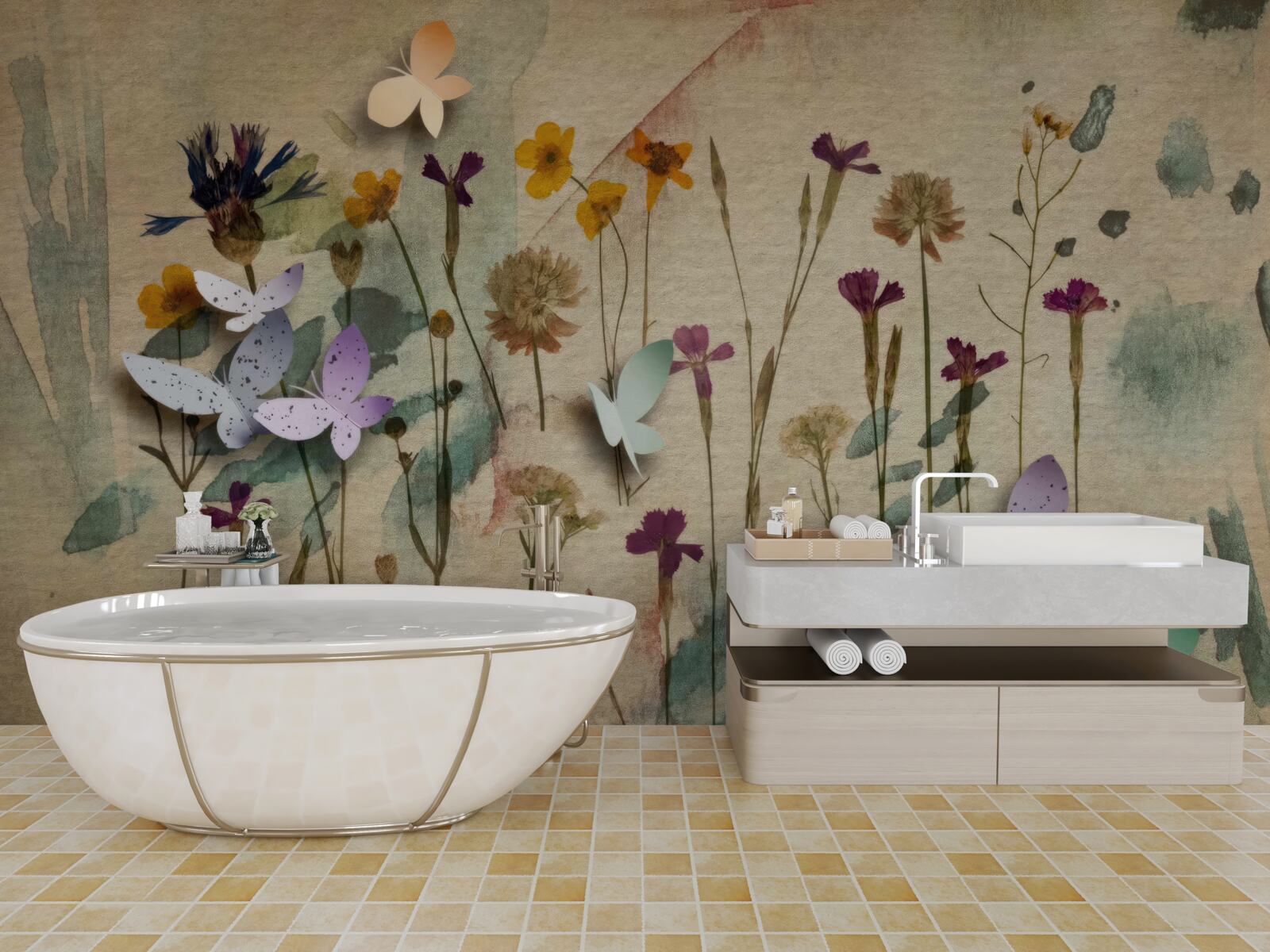 Fototapeta objemné kvety a motýle v kresbe