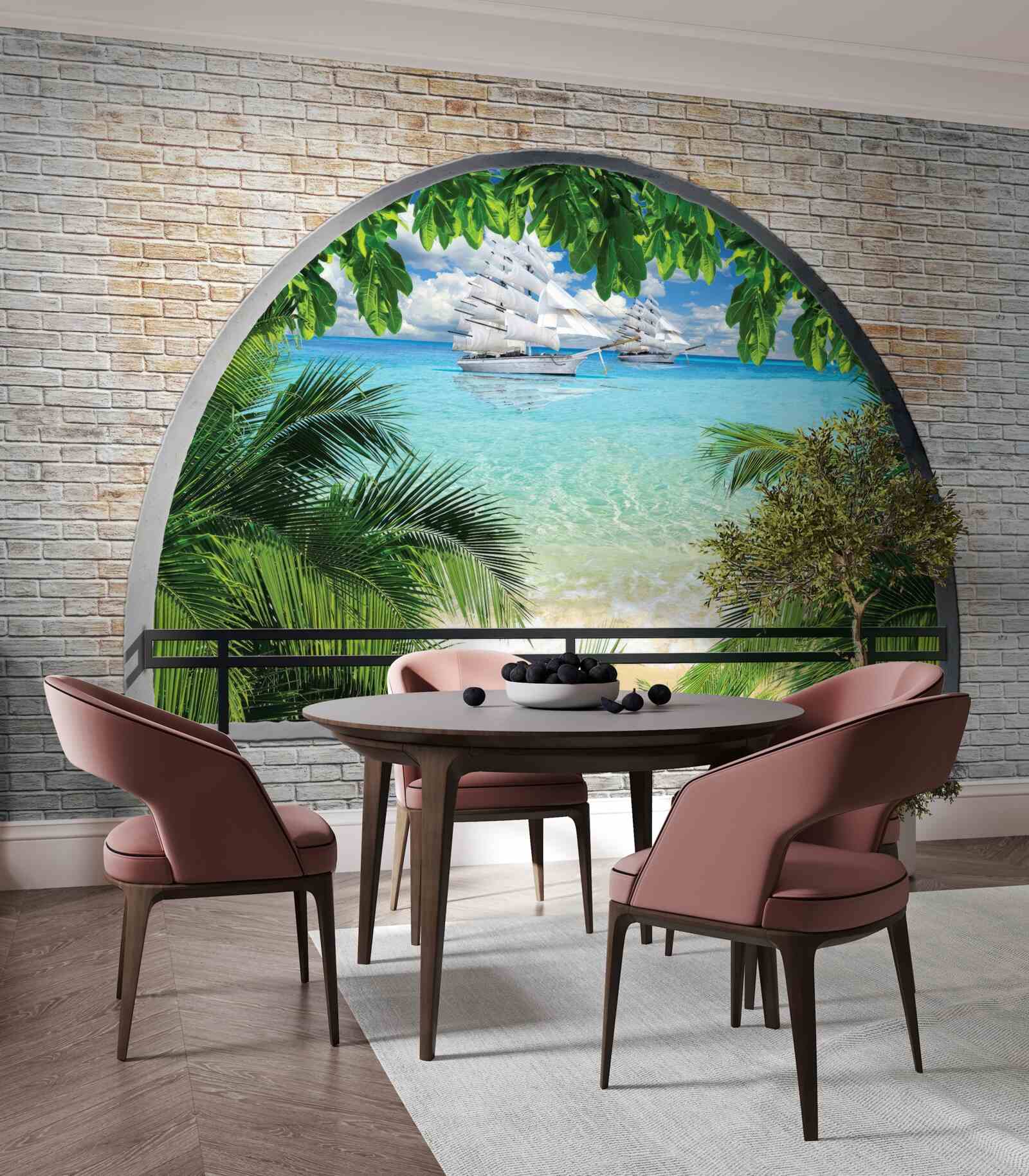 Fototapeta okno v tehlovej stene s výhľadom na more a jachty so snehobielymi plachtami