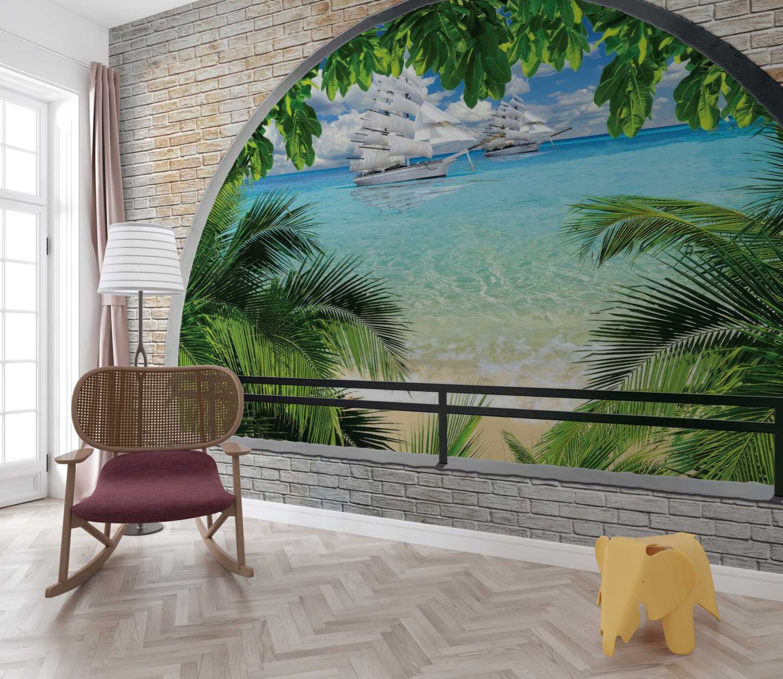 Fototapeta okno v tehlovej stene s výhľadom na more a jachty so snehobielymi plachtami