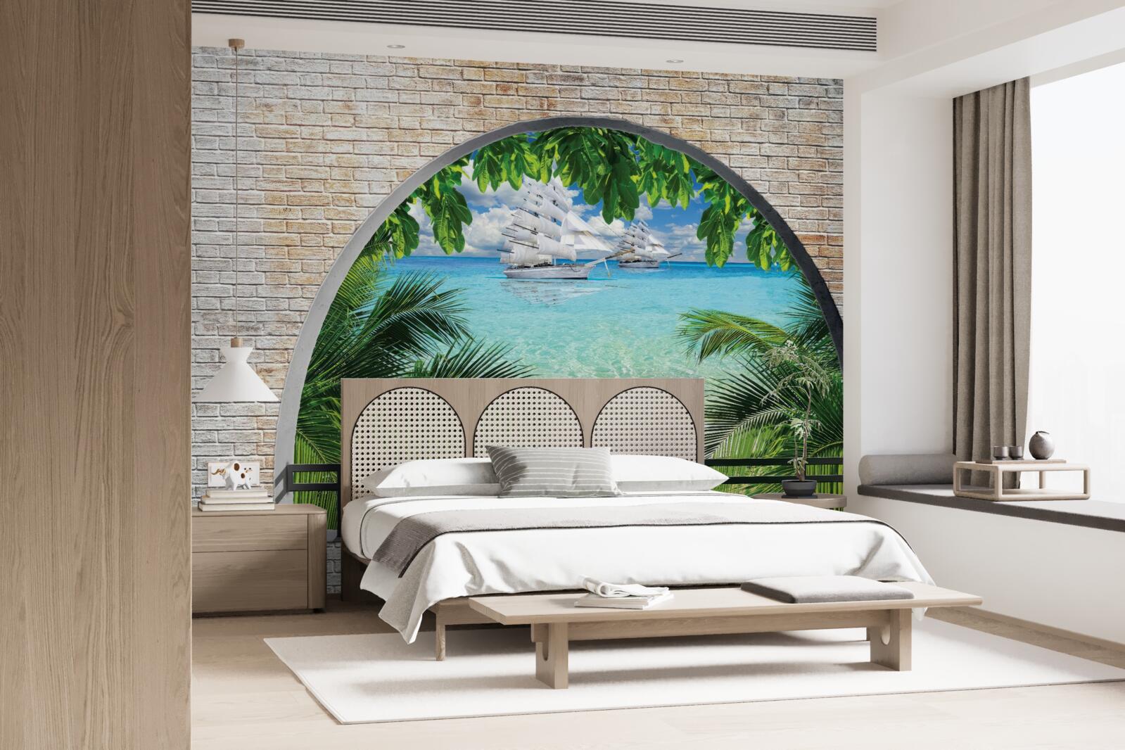 Fototapeta okno v tehlovej stene s výhľadom na more a jachty so snehobielymi plachtami