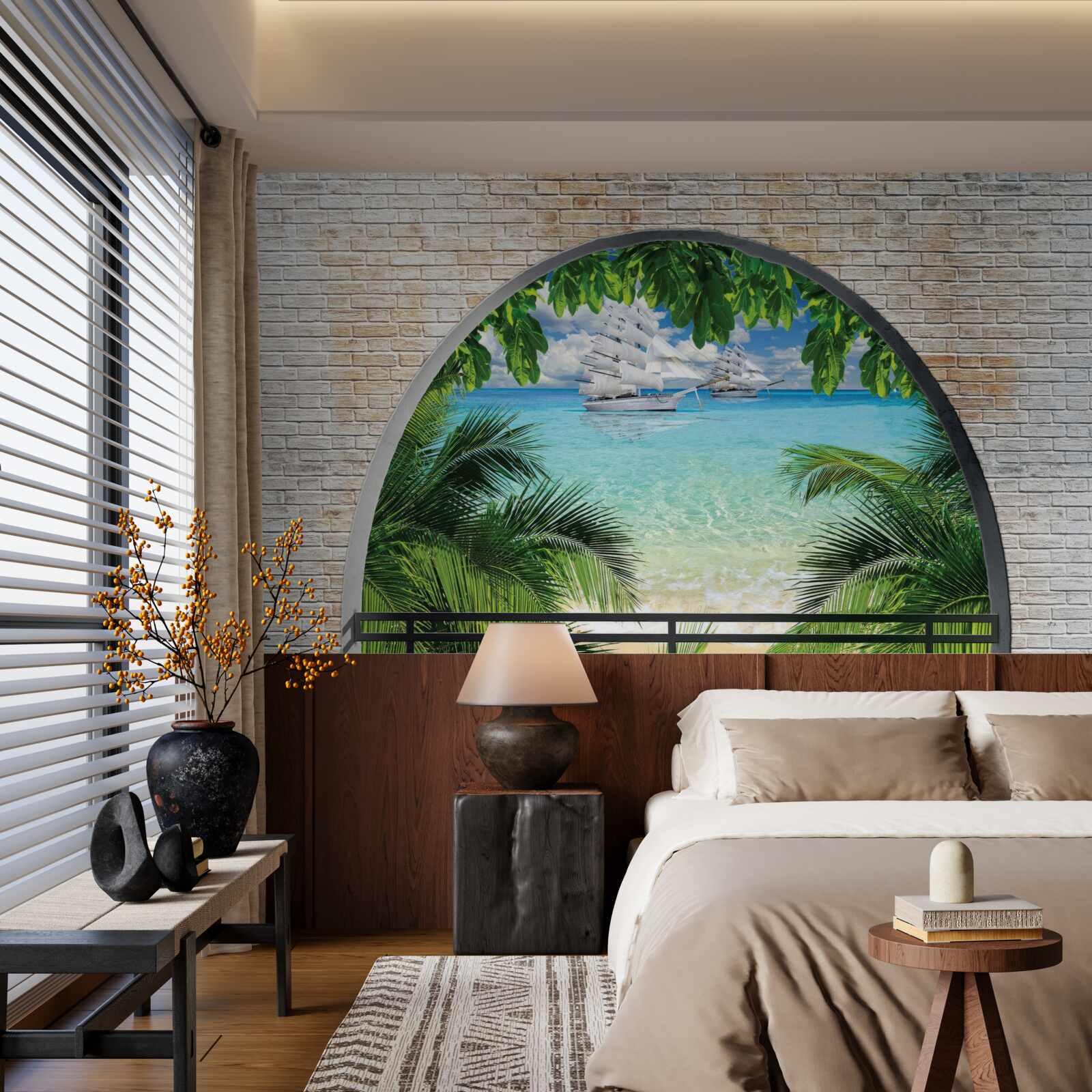 Fototapeta okno v tehlovej stene s výhľadom na more a jachty so snehobielymi plachtami