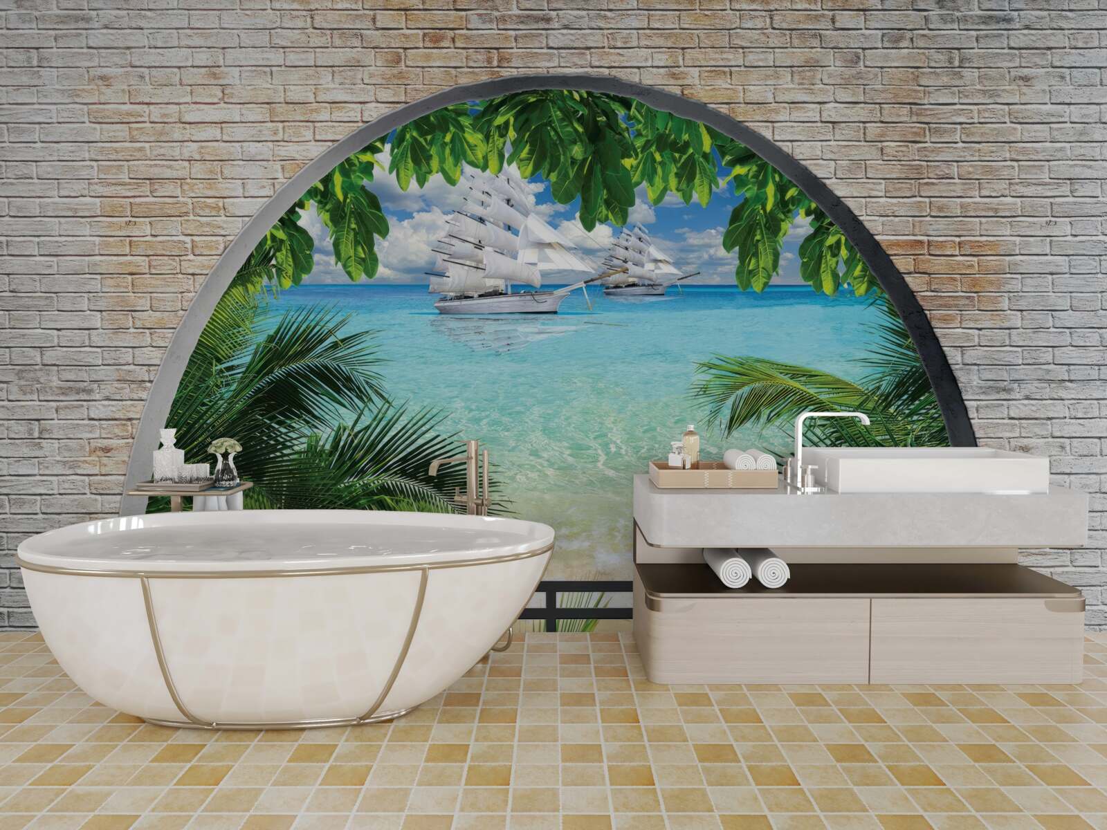 Fototapeta okno v tehlovej stene s výhľadom na more a jachty so snehobielymi plachtami