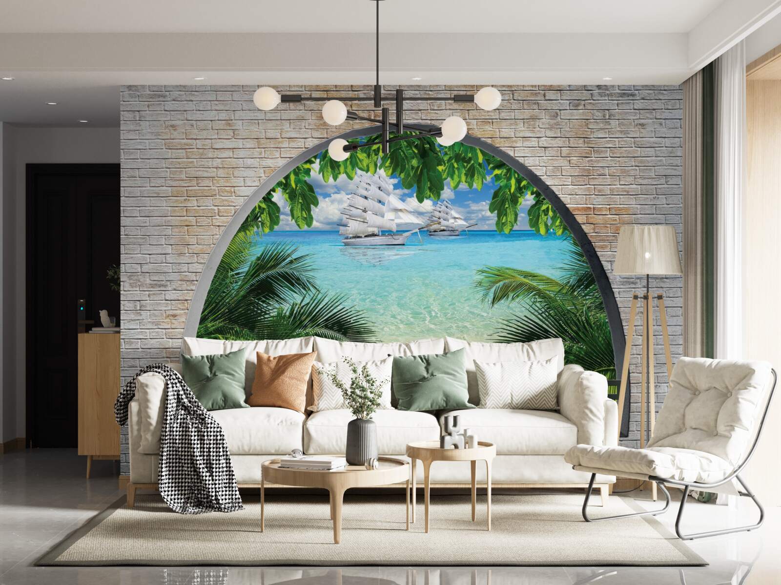 Fototapeta okno v tehlovej stene s výhľadom na more a jachty so snehobielymi plachtami