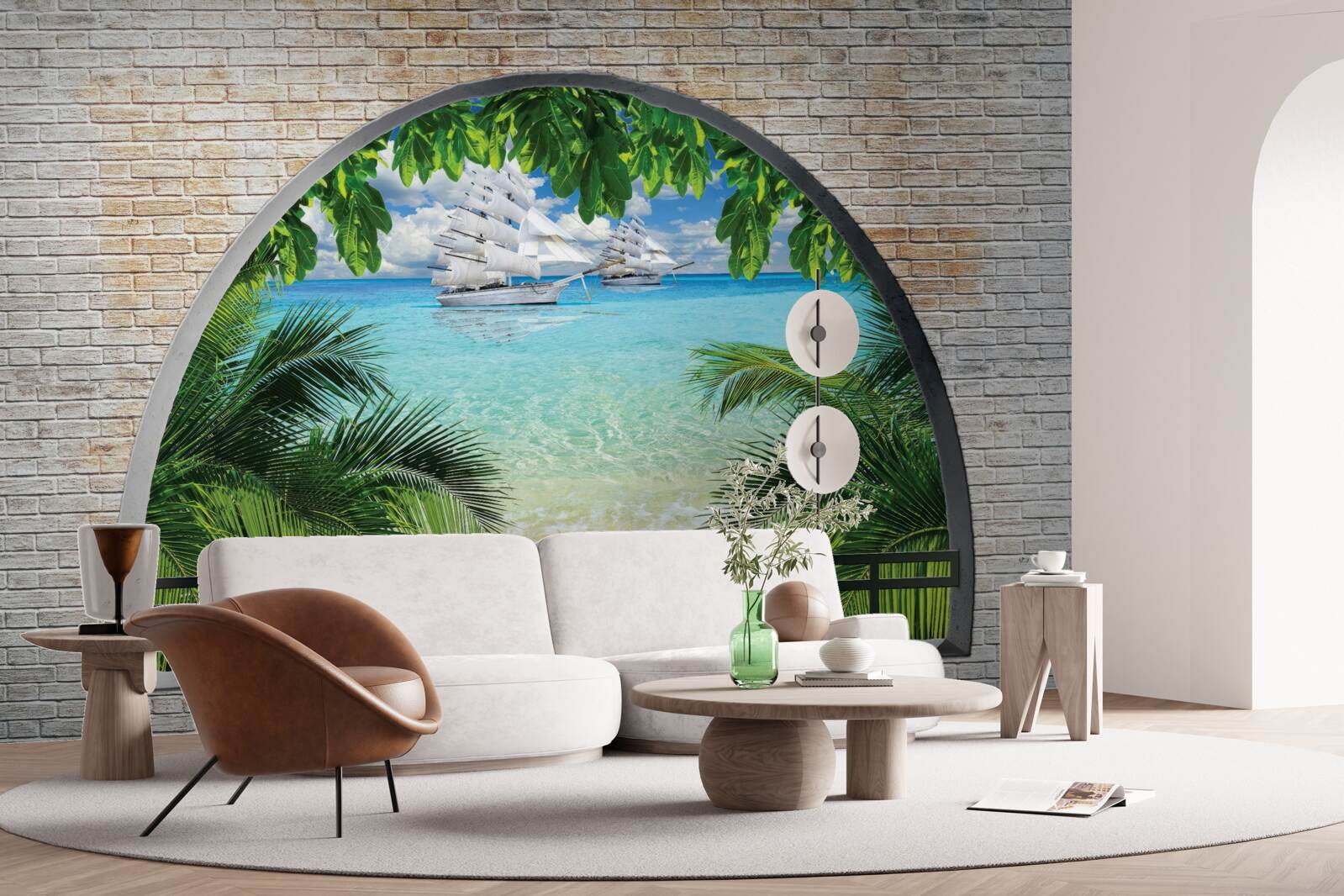 Fototapeta okno v tehlovej stene s výhľadom na more a jachty so snehobielymi plachtami