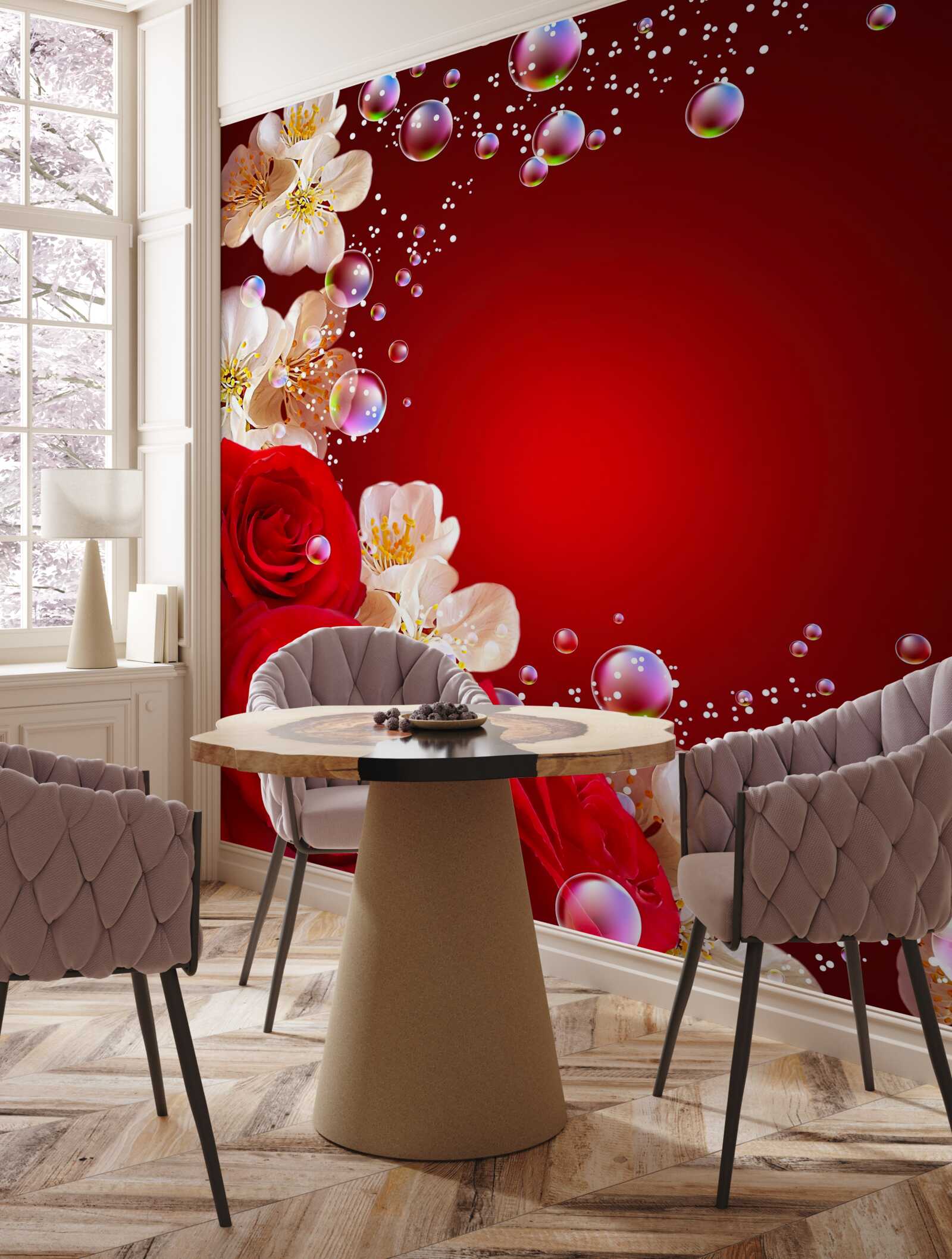 Fototapeta na bordovom podklade sú biele kvety a červené ruže