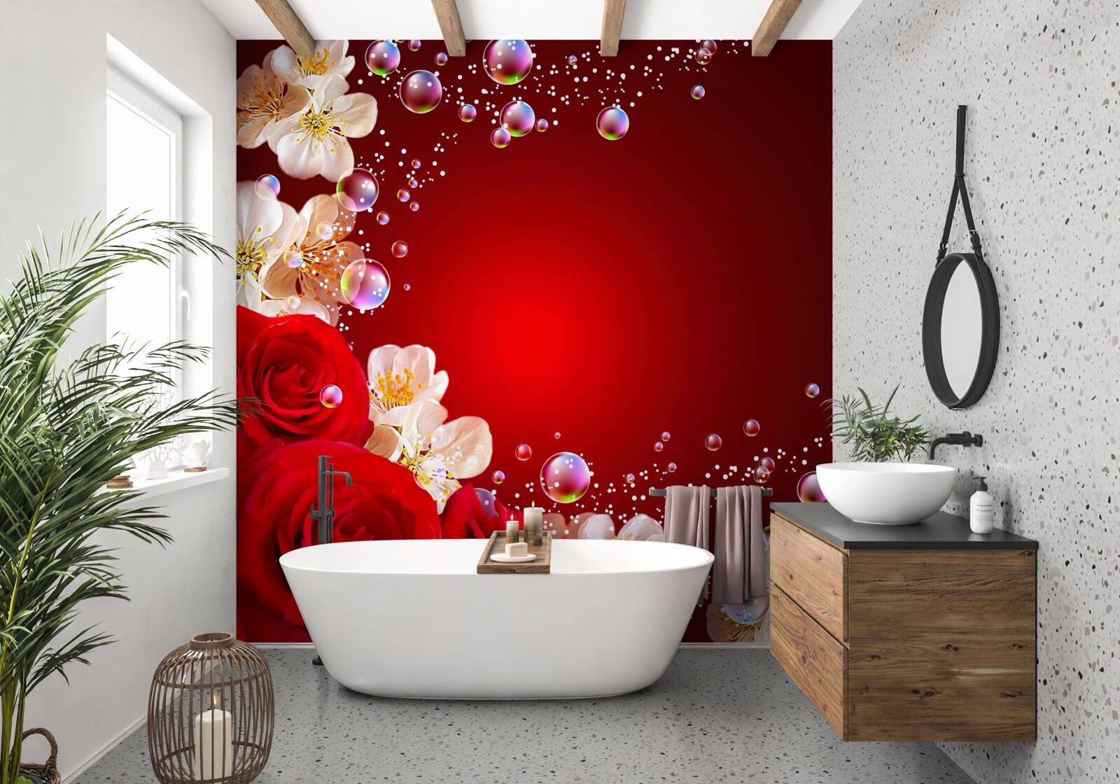 Fototapeta na bordovom podklade sú biele kvety a červené ruže