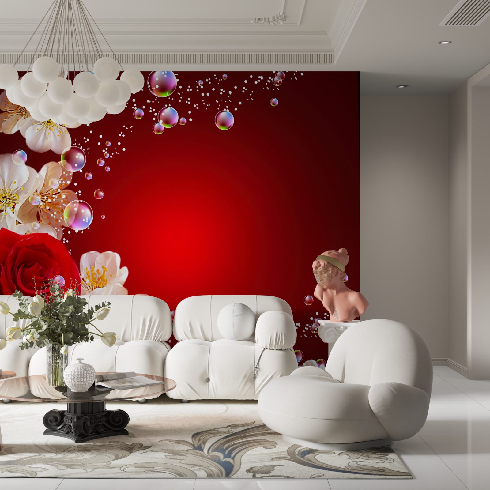 Fototapeta na bordovom podklade sú biele kvety a červené ruže