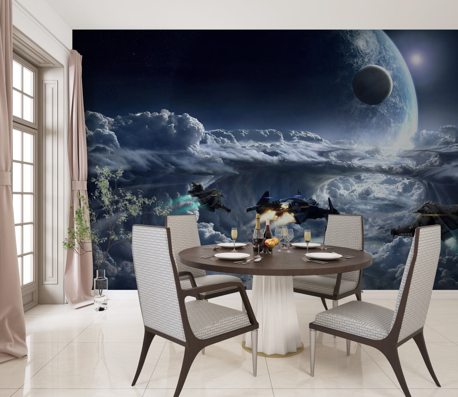 Fototapeta husté mraky na pozadí veľkej planéty