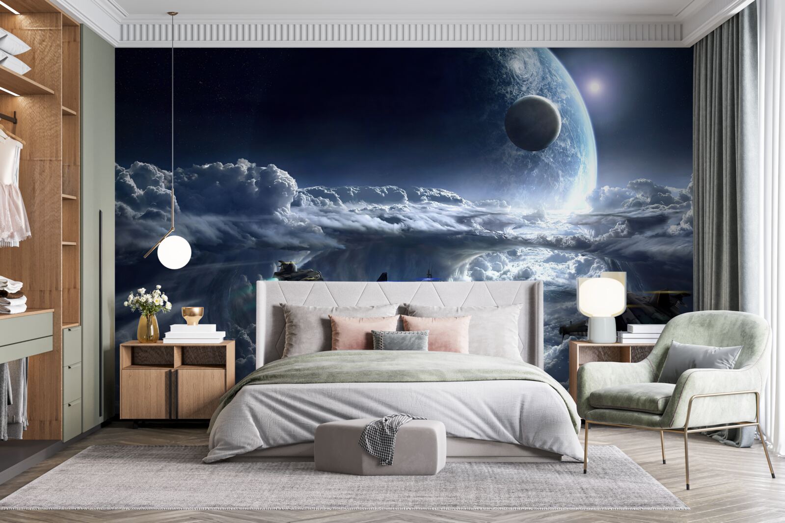 Fototapeta husté mraky na pozadí veľkej planéty