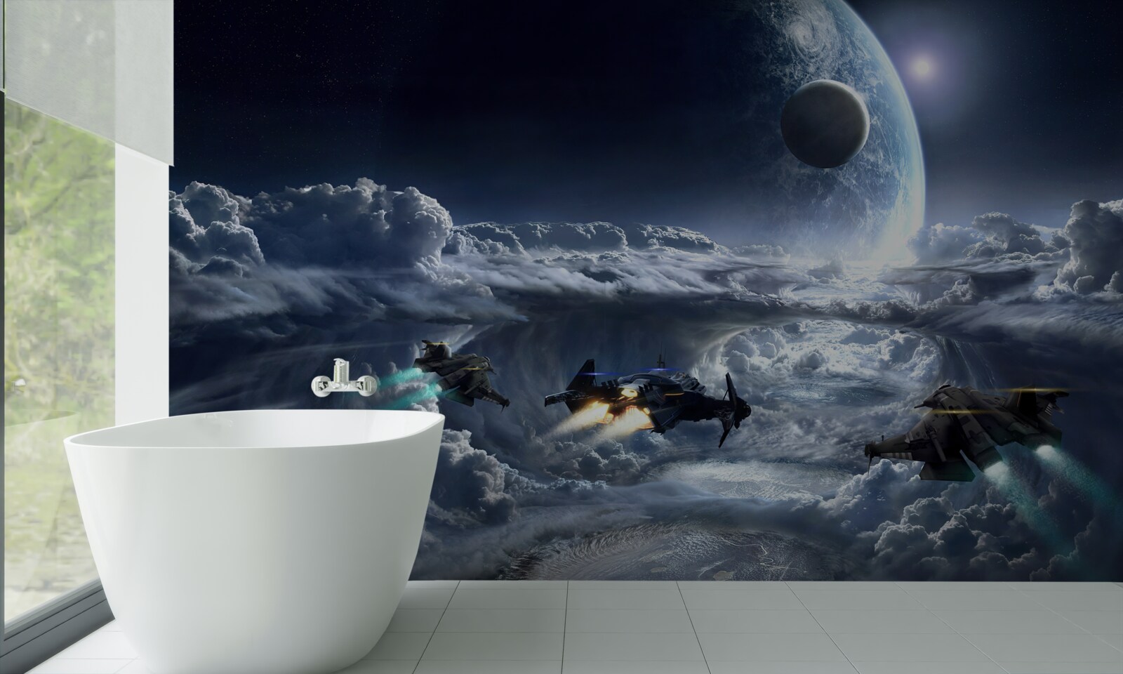 Fototapeta husté mraky na pozadí veľkej planéty