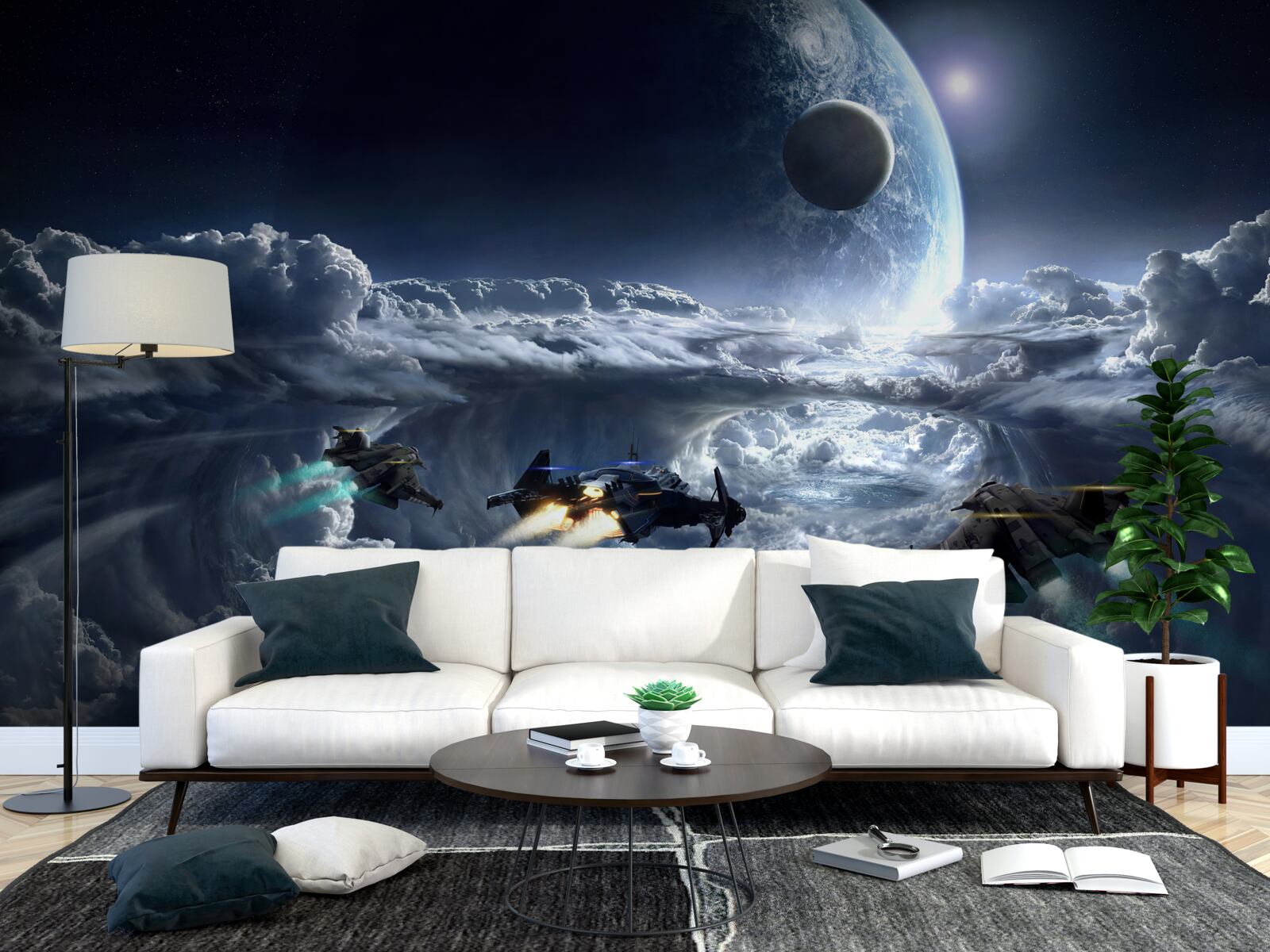 Fototapeta husté mraky na pozadí veľkej planéty