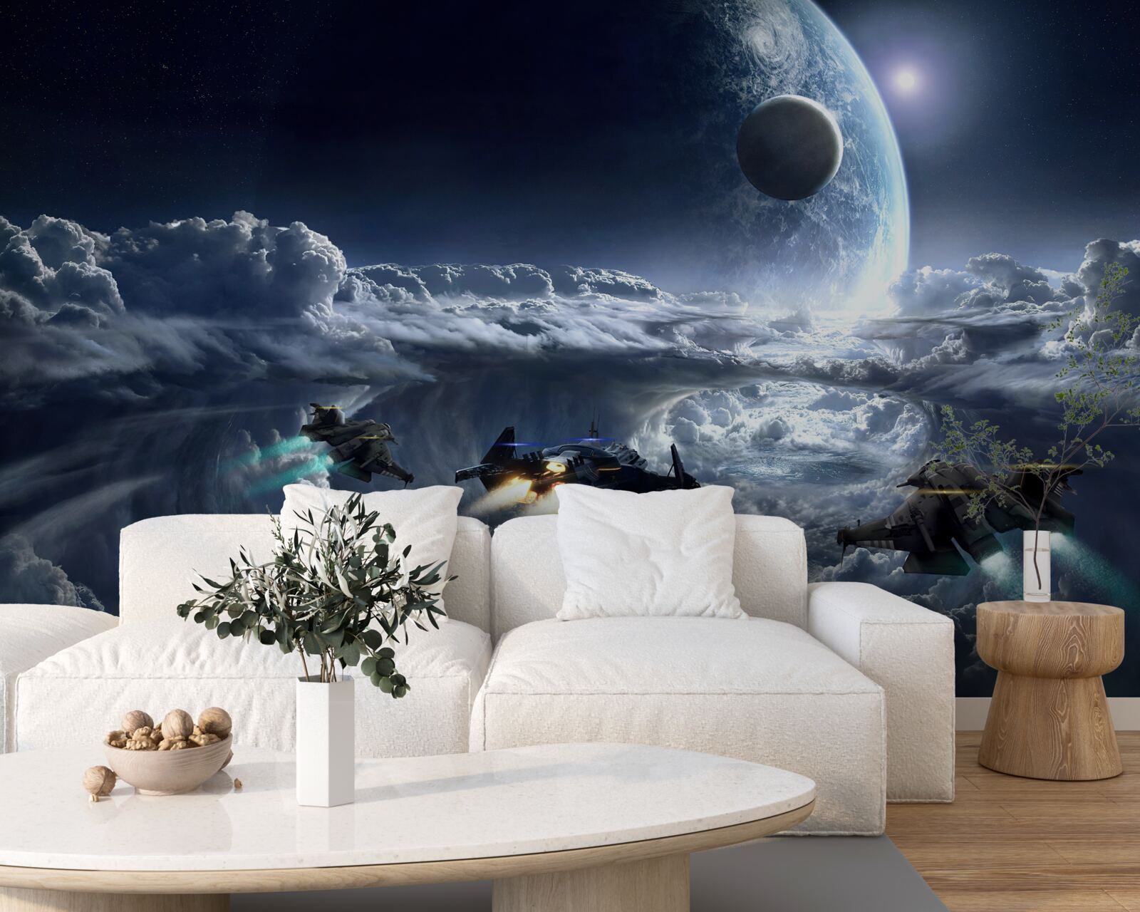 Fototapeta husté mraky na pozadí veľkej planéty