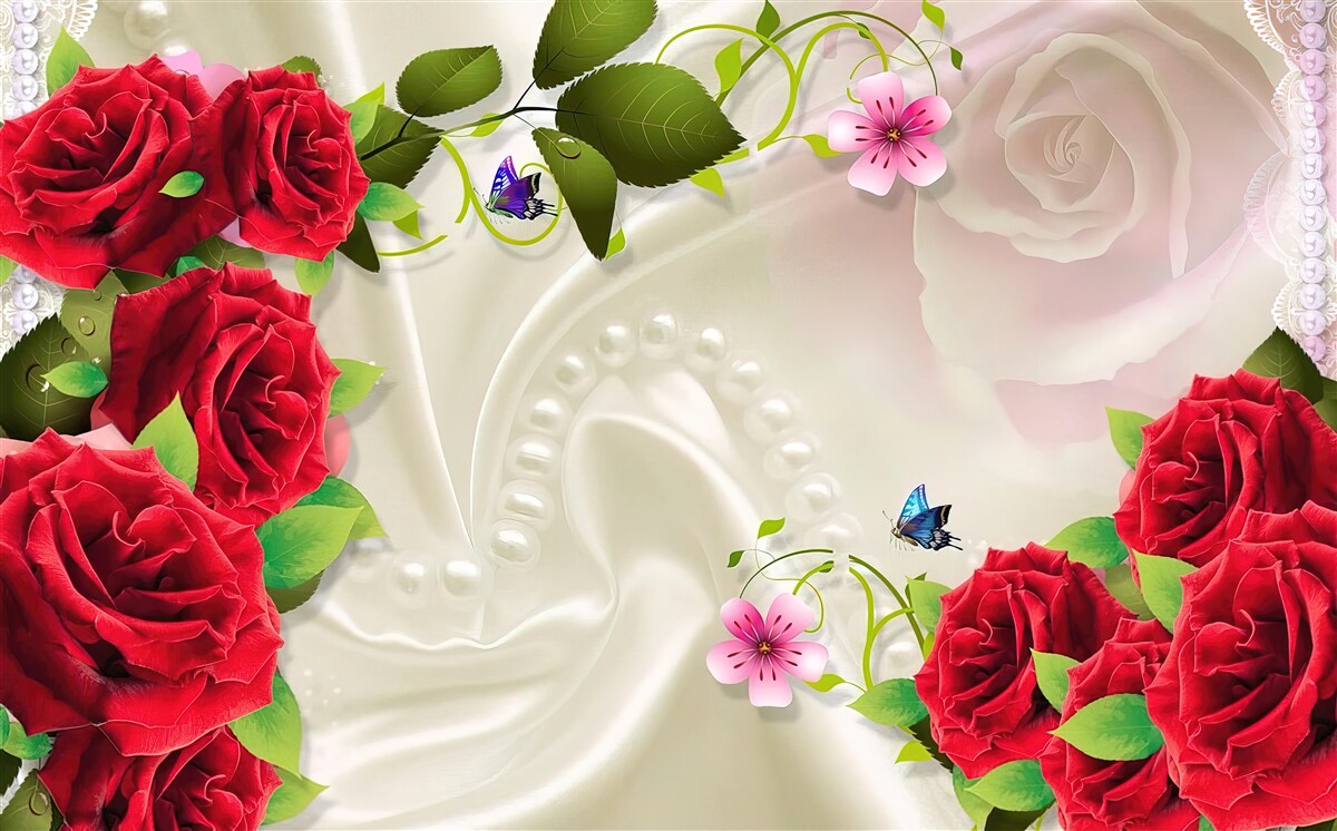 Fototapeta šarlátové ruže na snehobielej saténovej látke