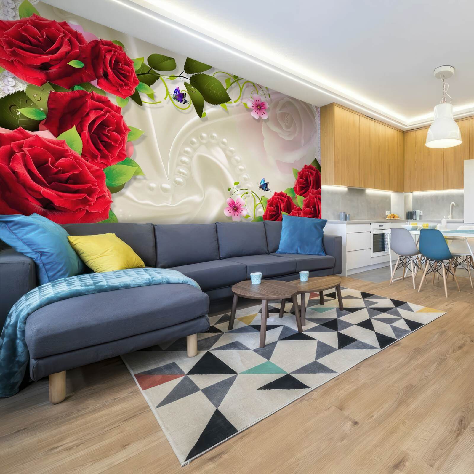 Fototapeta šarlátové ruže na snehobielej saténovej látke