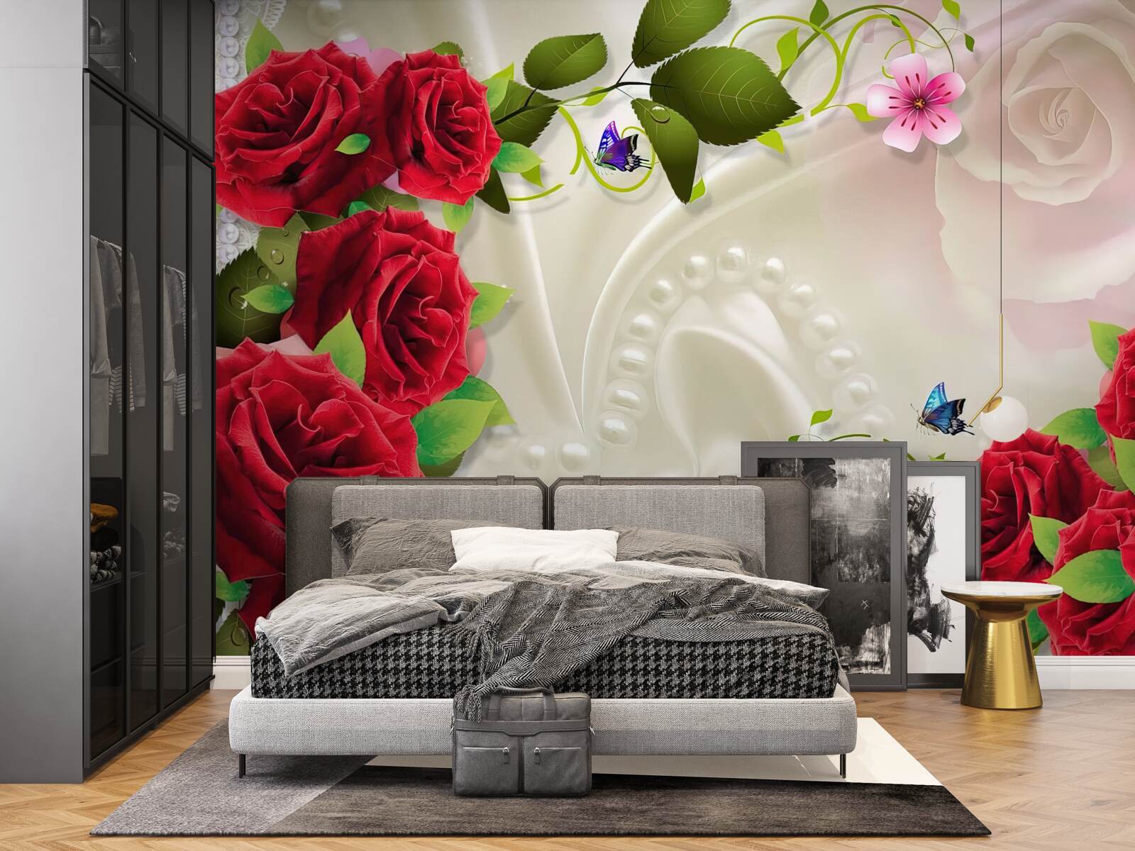 Fototapeta šarlátové ruže na snehobielej saténovej látke