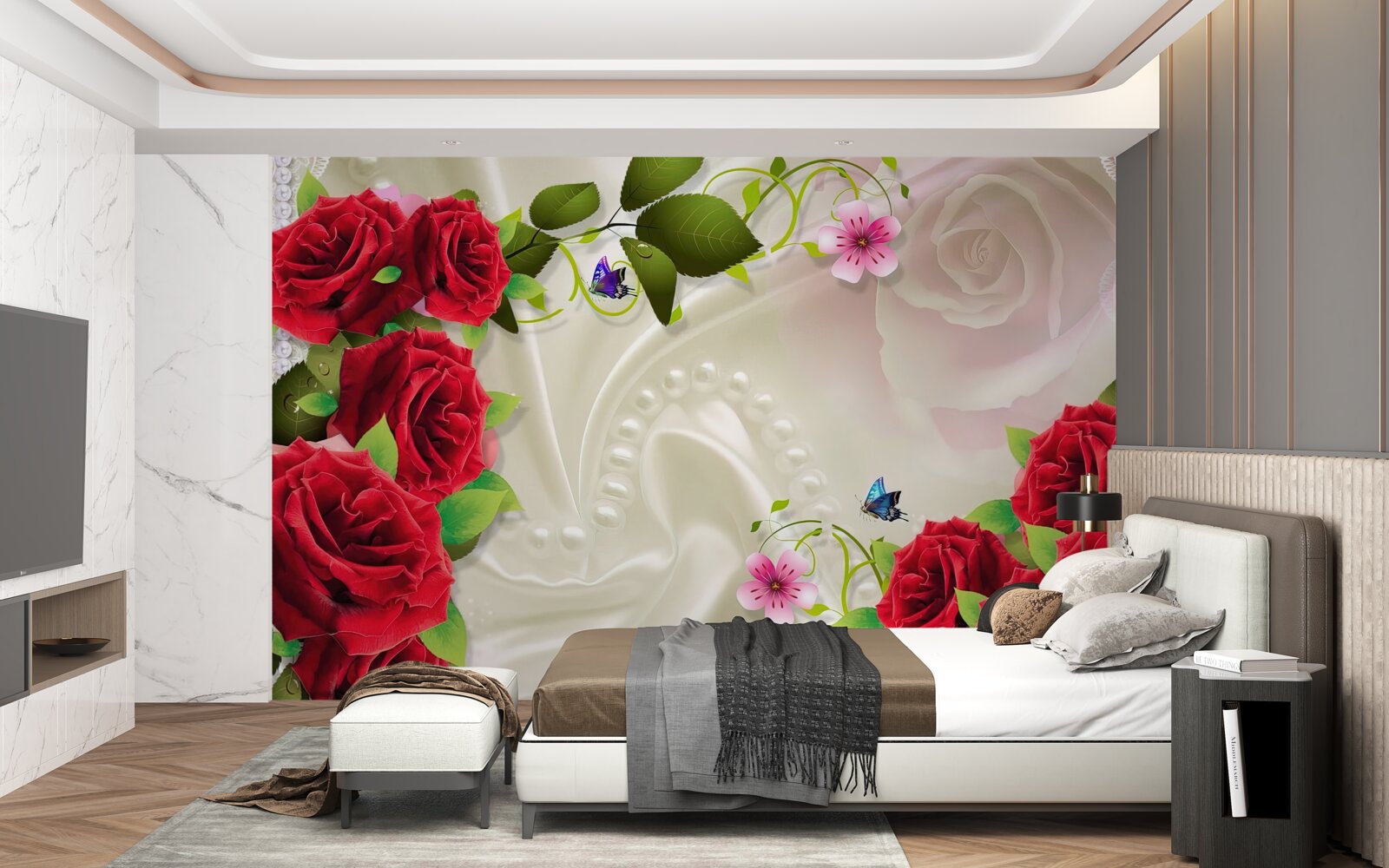 Fototapeta šarlátové ruže na snehobielej saténovej látke