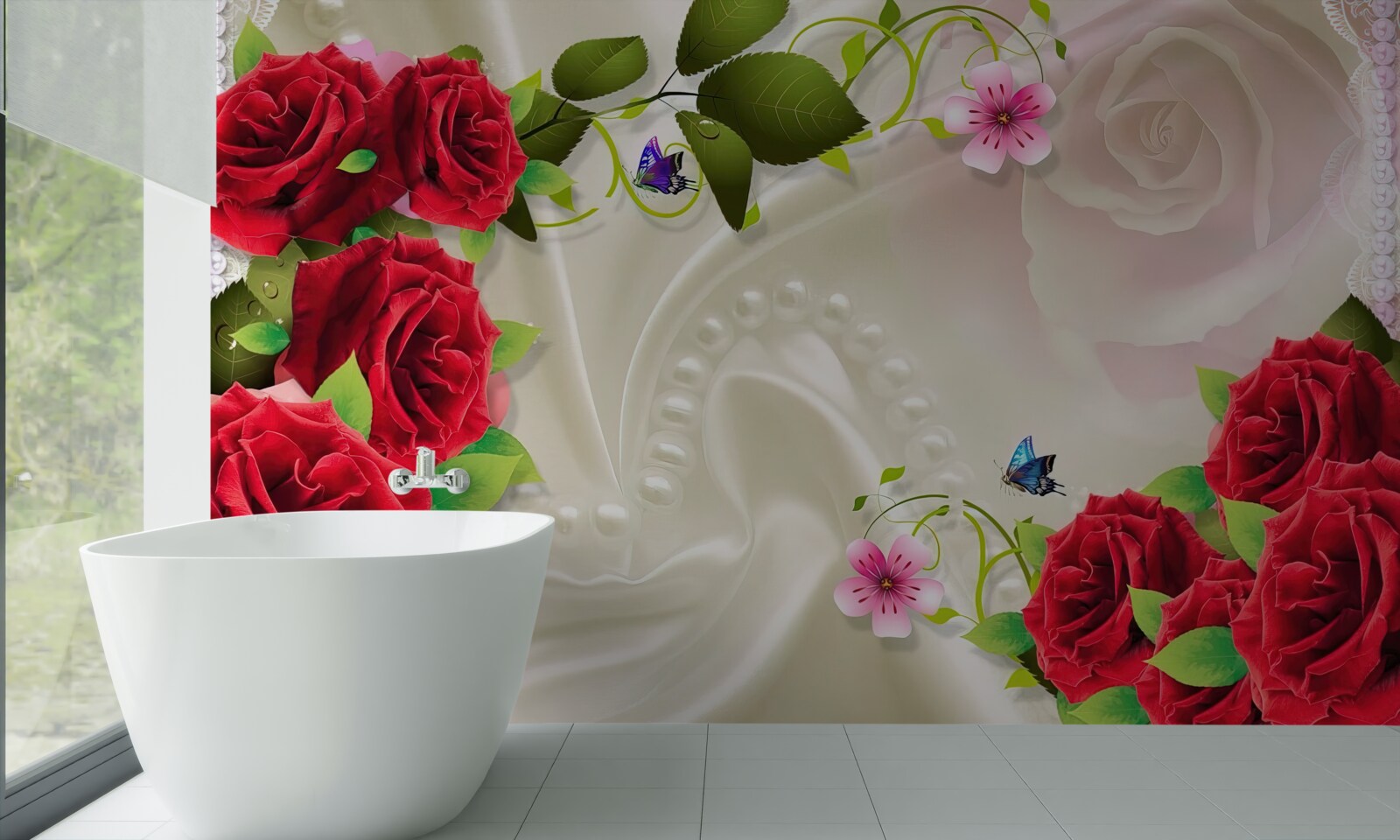 Fototapeta šarlátové ruže na snehobielej saténovej látke