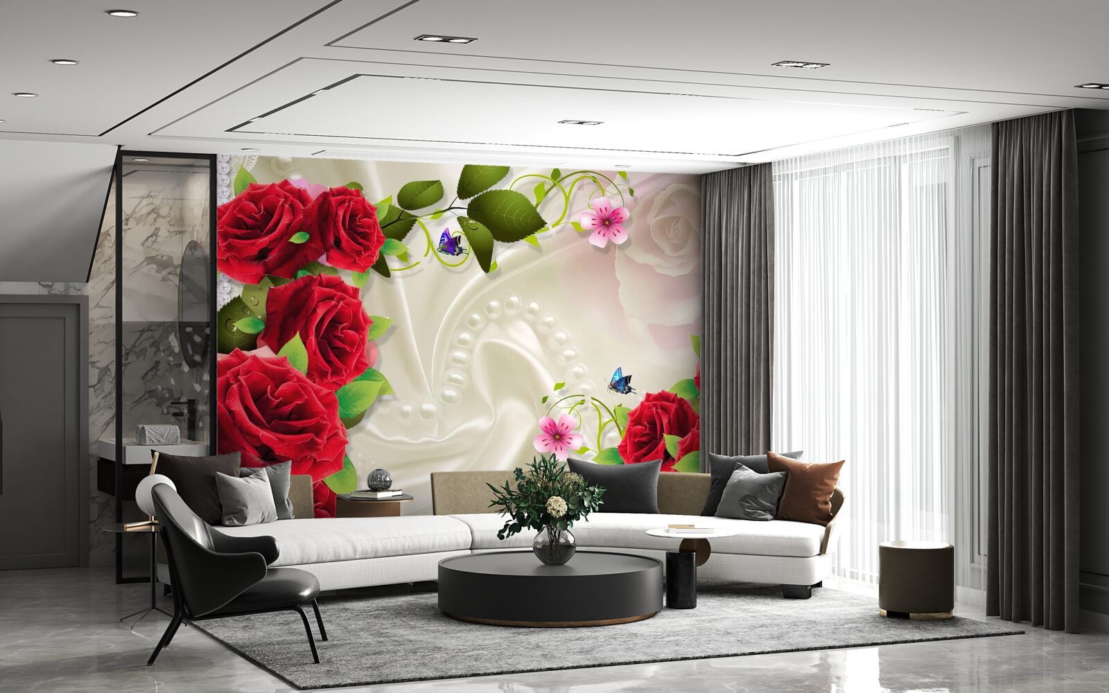 Fototapeta šarlátové ruže na snehobielej saténovej látke