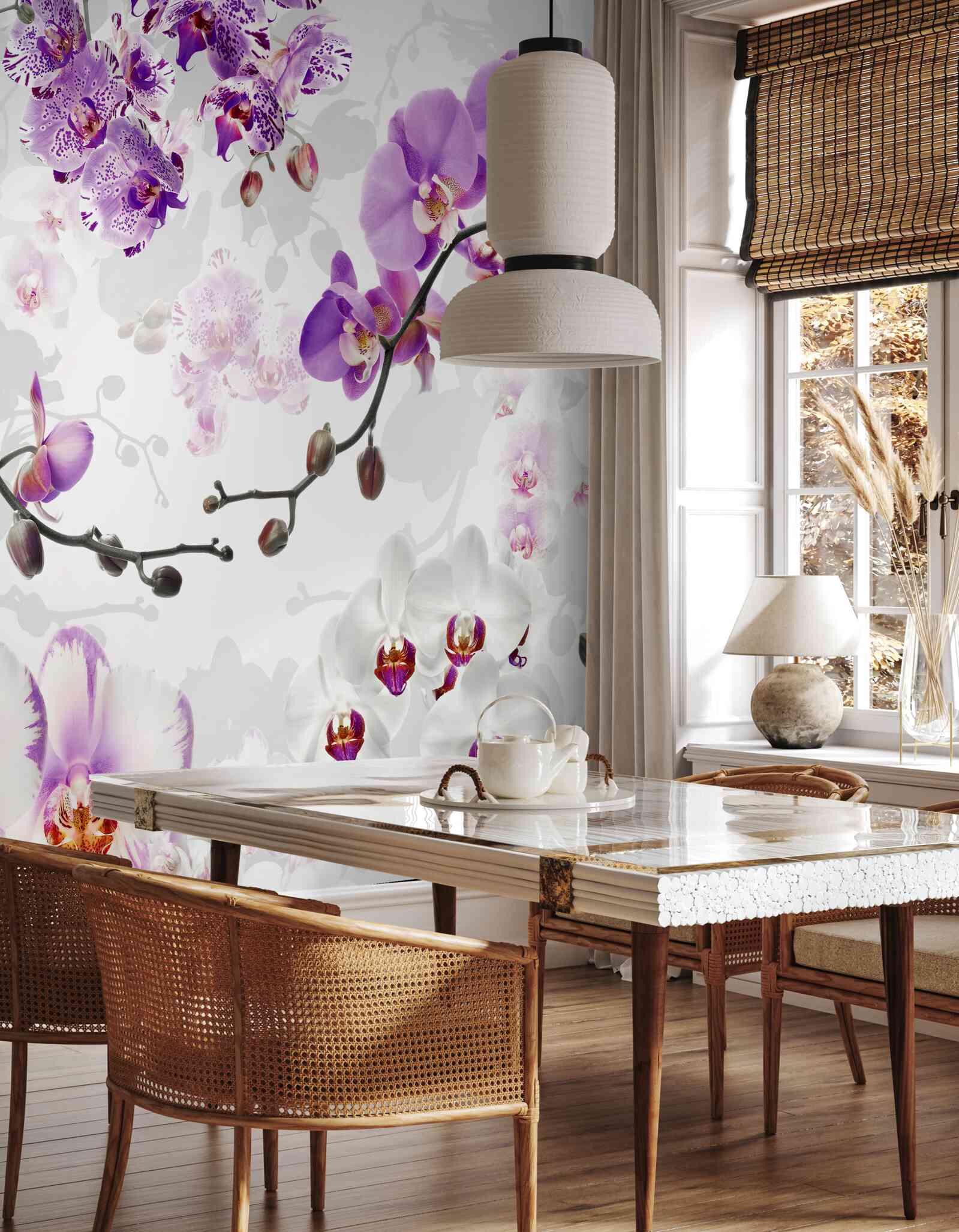 Fototapeta vetva s kvitnúcimi fialovými orchideami