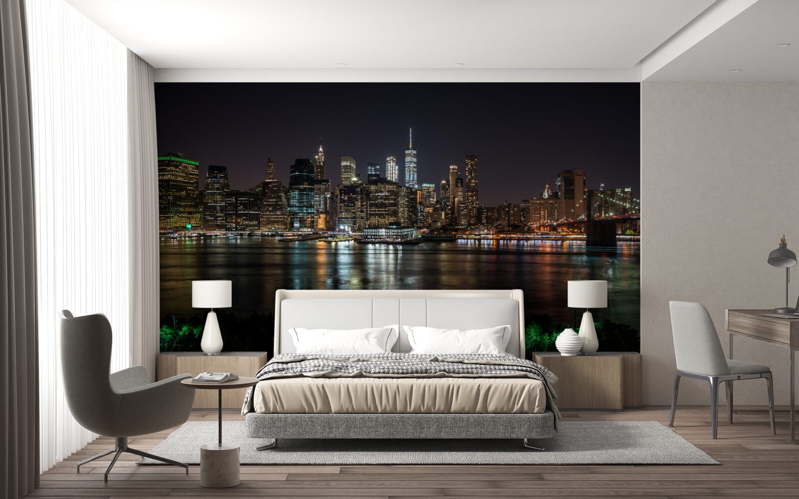 Fototapeta panoráma nočného mesta z opačného brehu