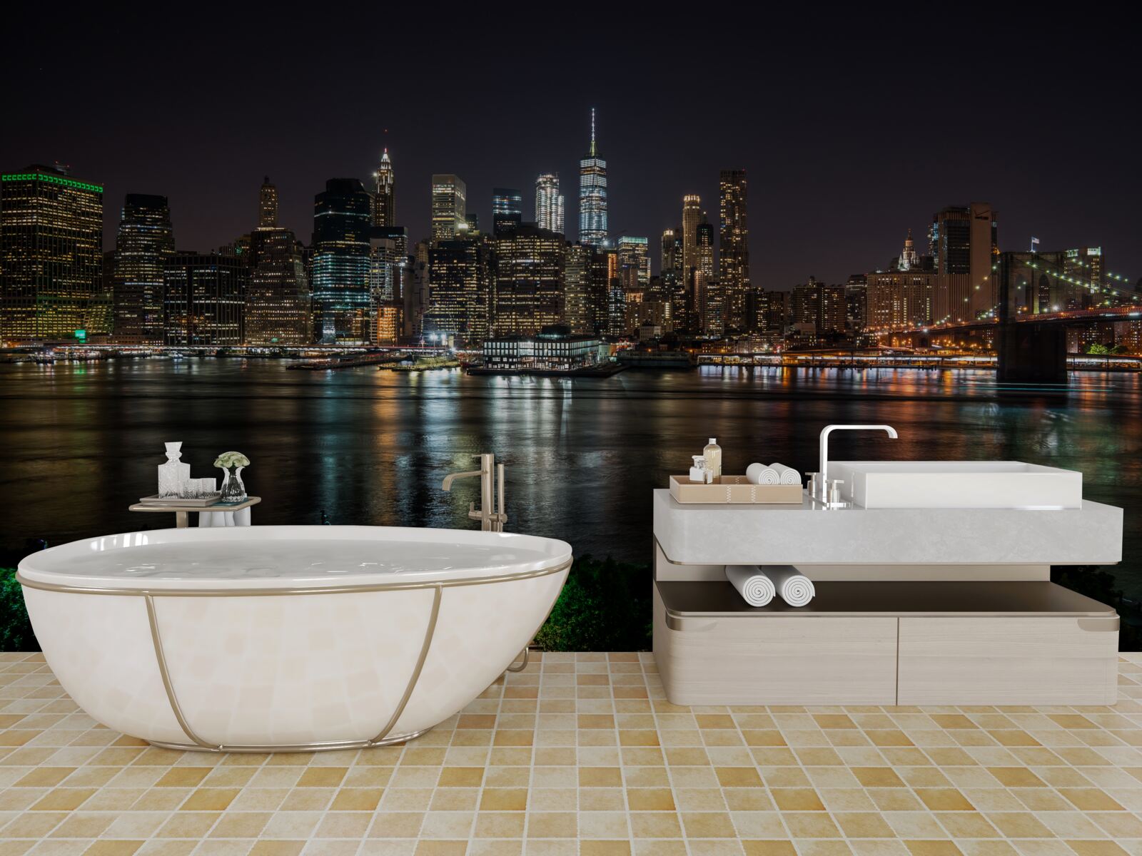 Fototapeta panoráma nočného mesta z opačného brehu