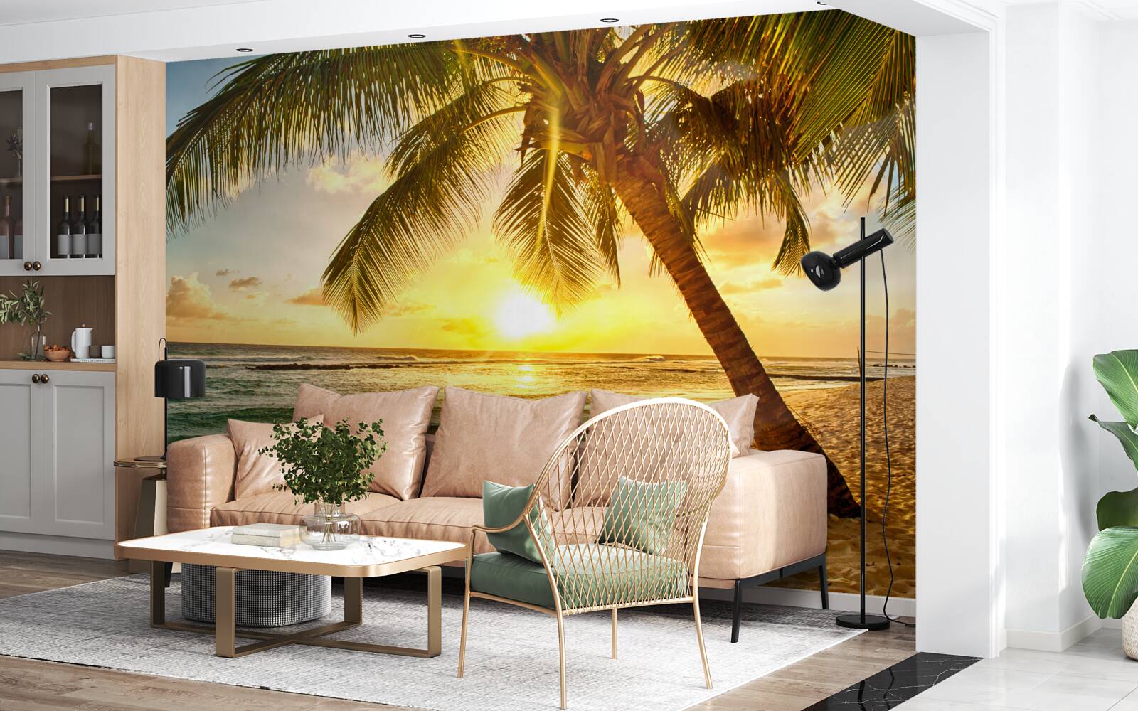 Fototapeta slnko zapadá pod horizont oceánu a osvetľuje palmy