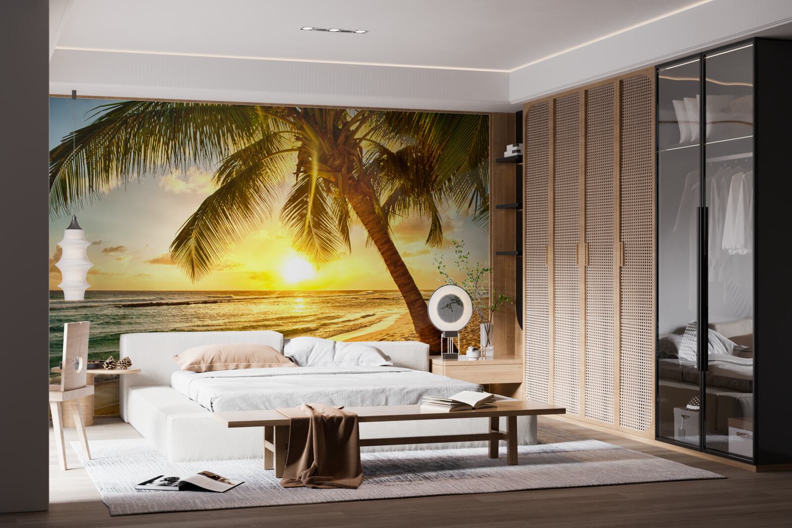 Fototapeta slnko zapadá pod horizont oceánu a osvetľuje palmy