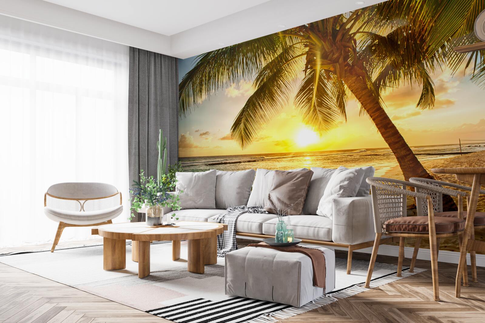 Fototapeta slnko zapadá pod horizont oceánu a osvetľuje palmy