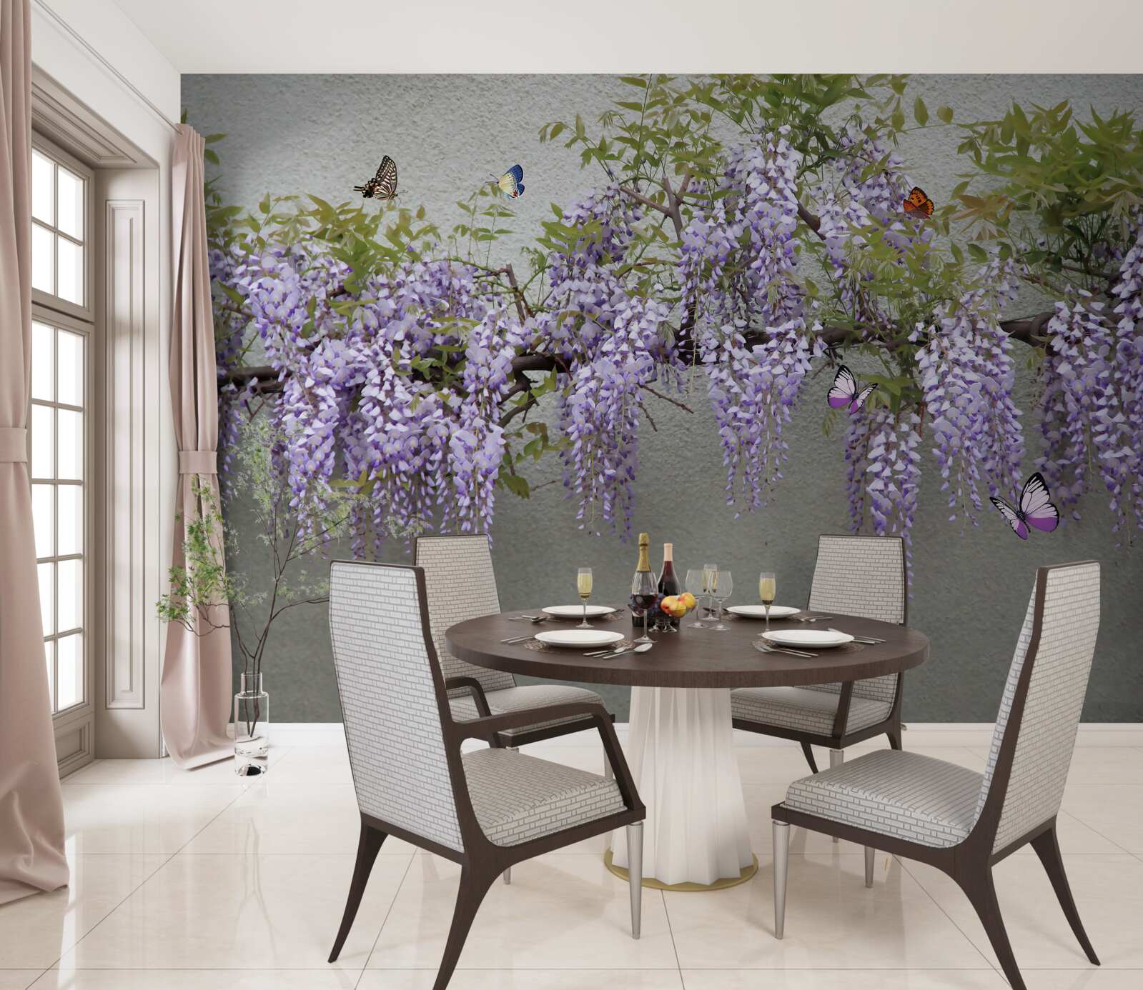 Fototapeta konárik s orgovánovými kvetmi a vlajúcimi motýľmi