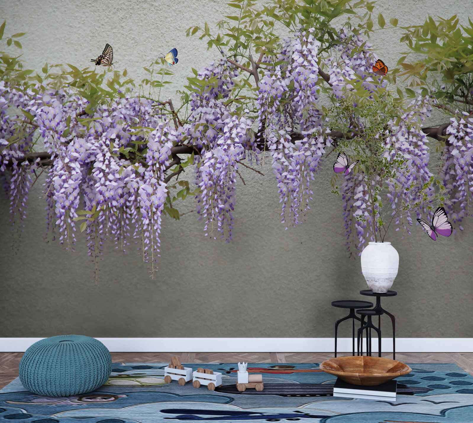 Fototapeta konárik s orgovánovými kvetmi a vlajúcimi motýľmi