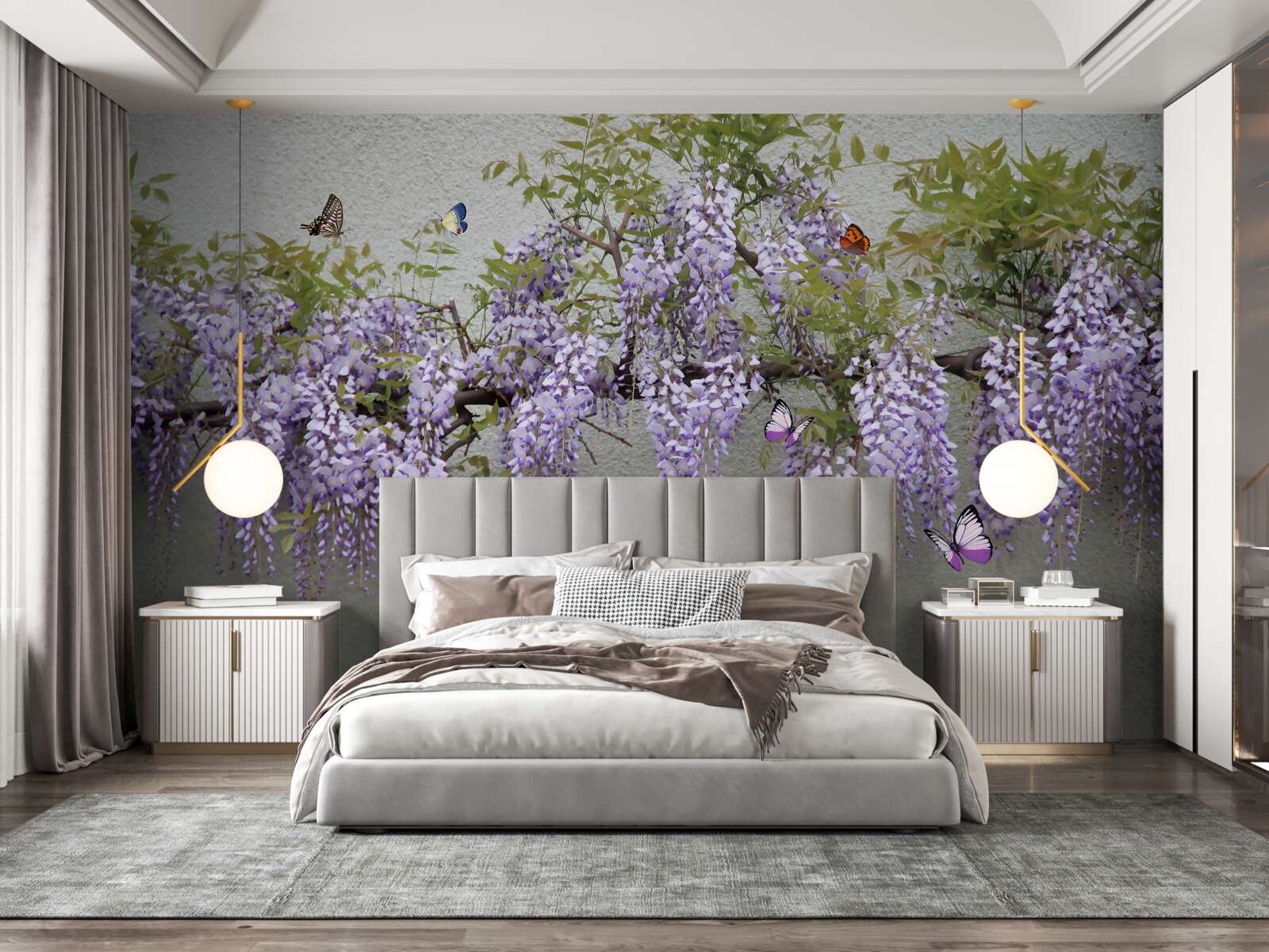 Fototapeta konárik s orgovánovými kvetmi a vlajúcimi motýľmi