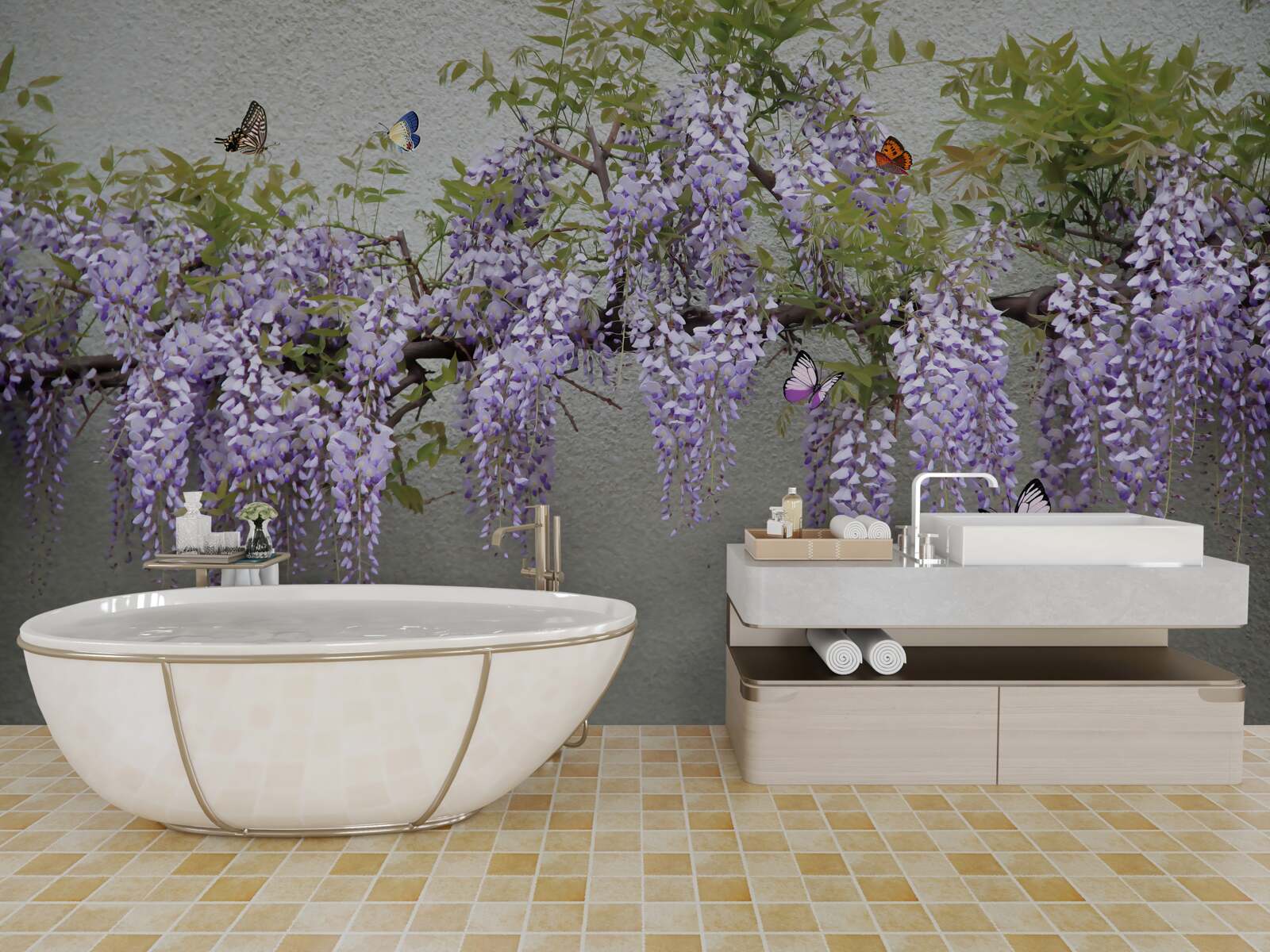 Fototapeta konárik s orgovánovými kvetmi a vlajúcimi motýľmi