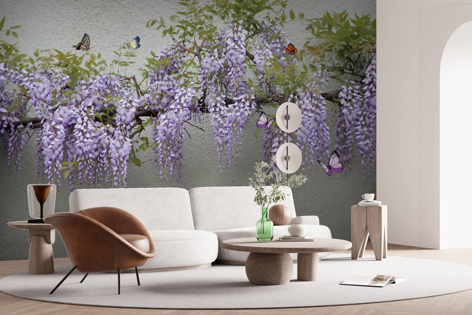 Fototapeta konárik s orgovánovými kvetmi a vlajúcimi motýľmi