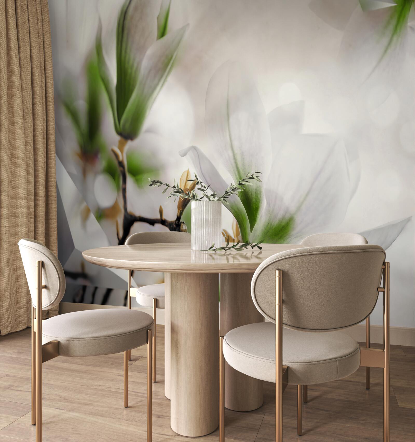 Fototapeta kvety v odtieňoch bielej a zelenej v kombinácii s geometrickými tvarmi