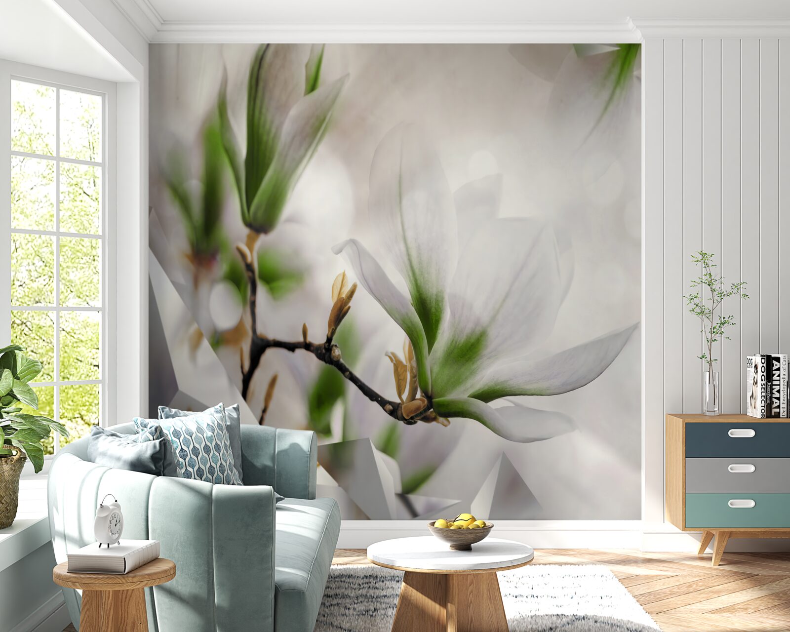 Fototapeta kvety v odtieňoch bielej a zelenej v kombinácii s geometrickými tvarmi