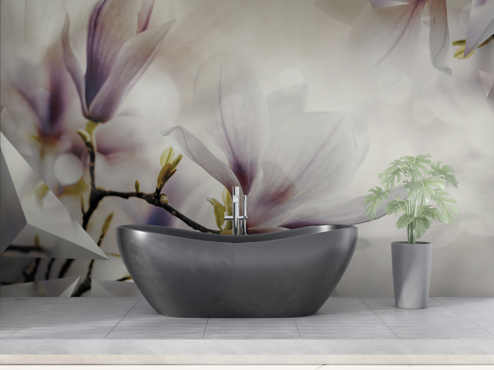 Fototapeta veľké fialové kvety a biele tvary