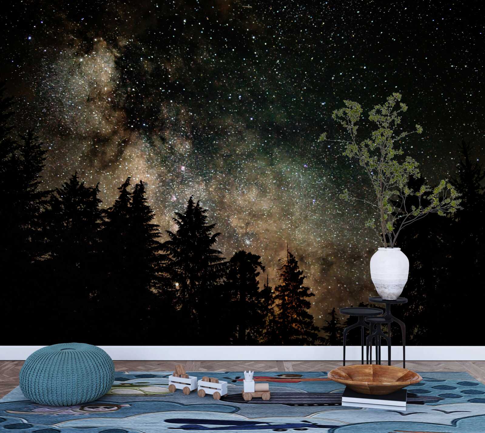 Fototapeta les v noci a hviezdna obloha