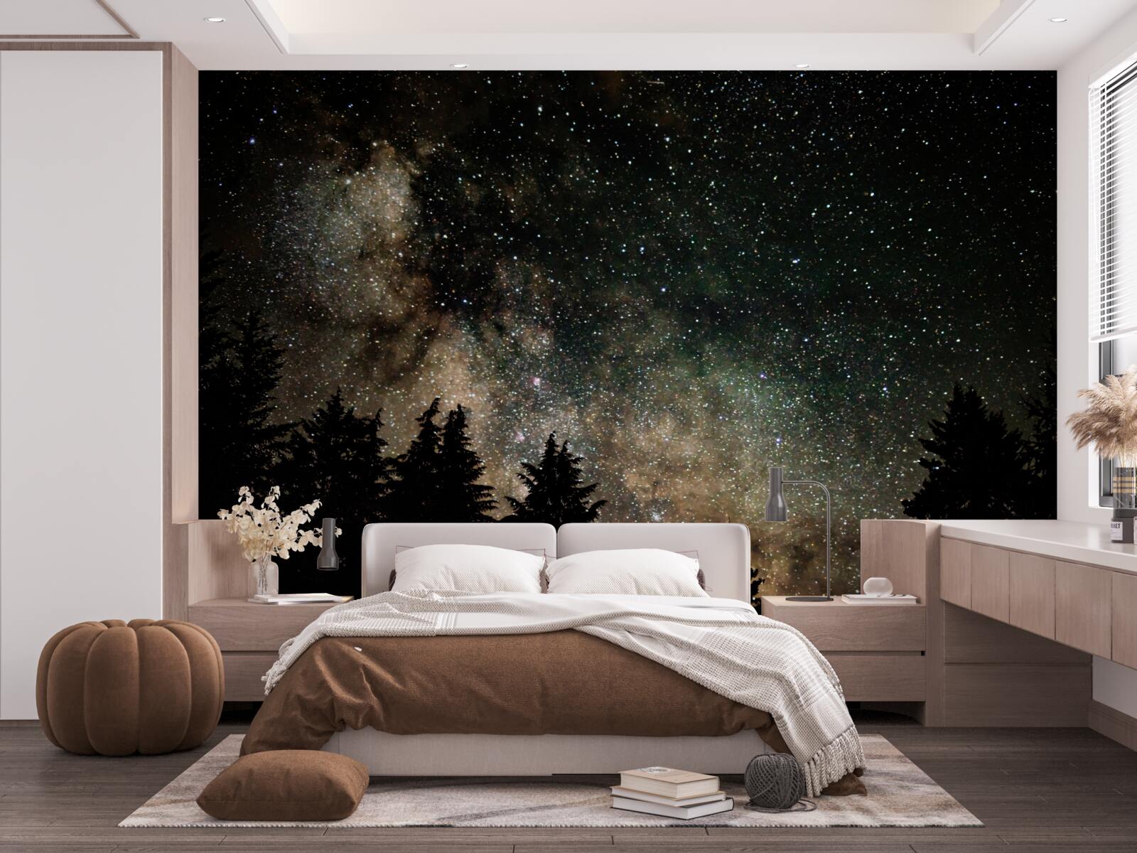 Fototapeta les v noci a hviezdna obloha