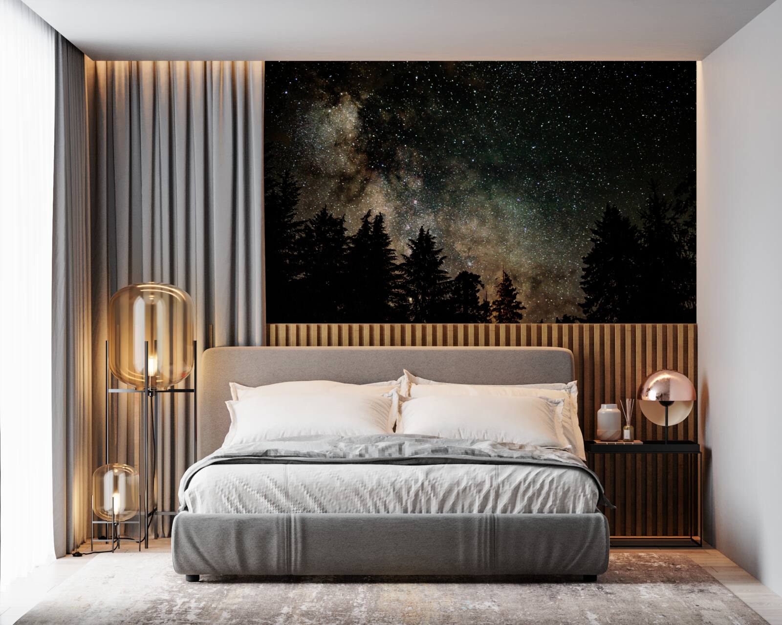 Fototapeta les v noci a hviezdna obloha