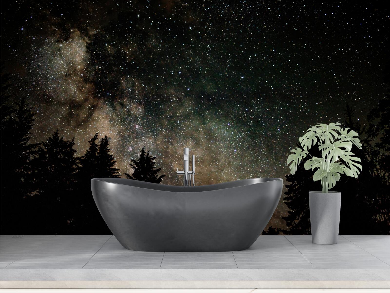 Fototapeta les v noci a hviezdna obloha