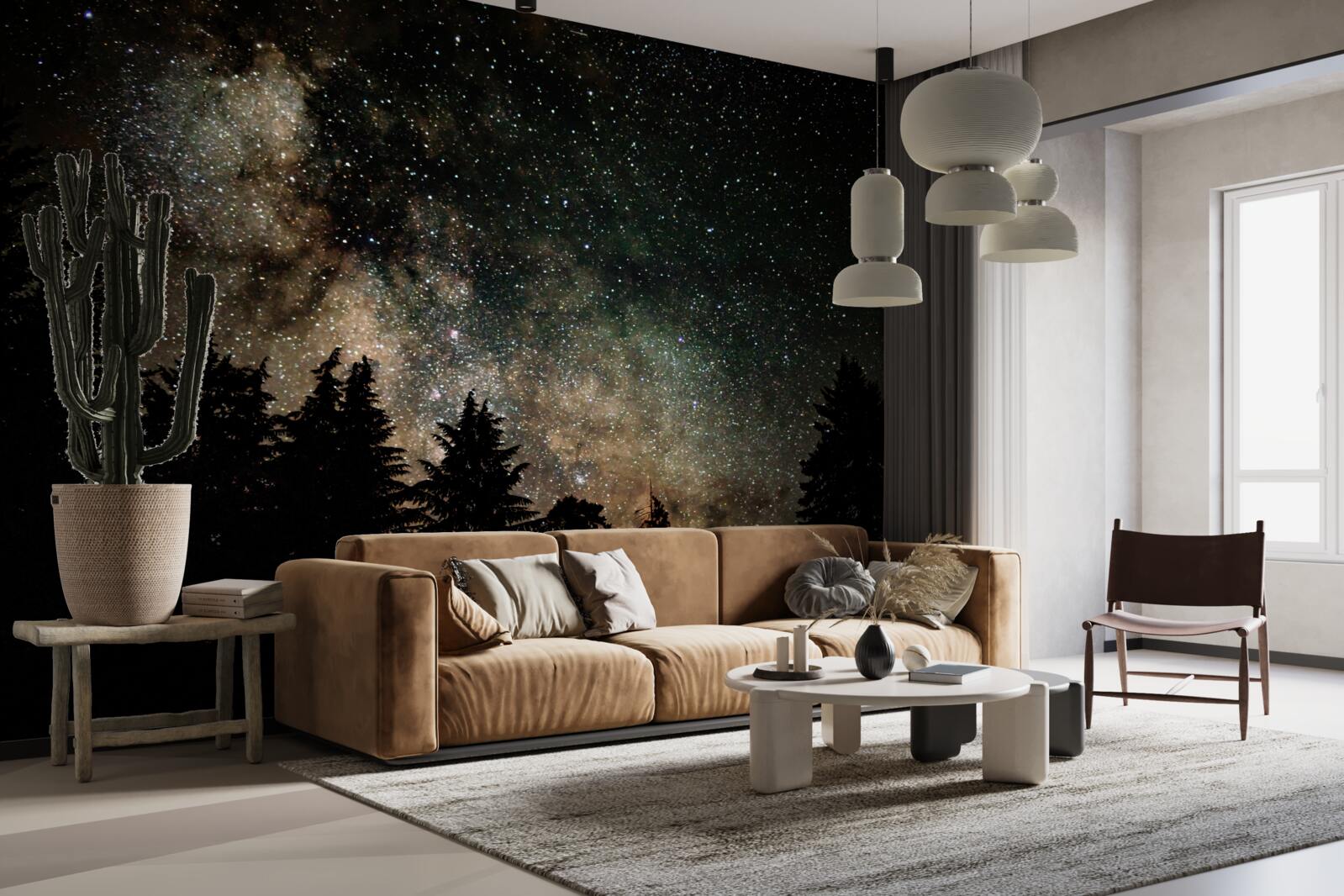 Fototapeta les v noci a hviezdna obloha