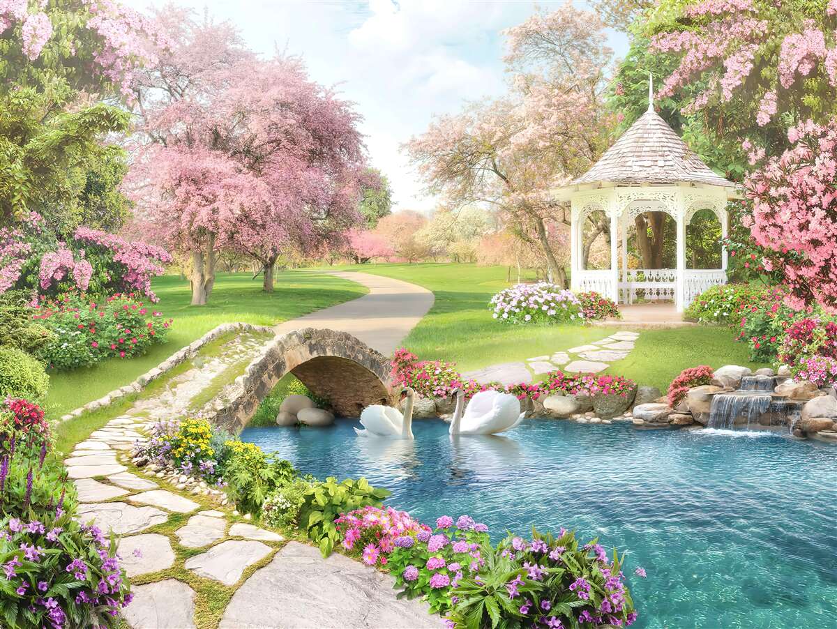 Fototapeta pavilón pri jazere s labuťami