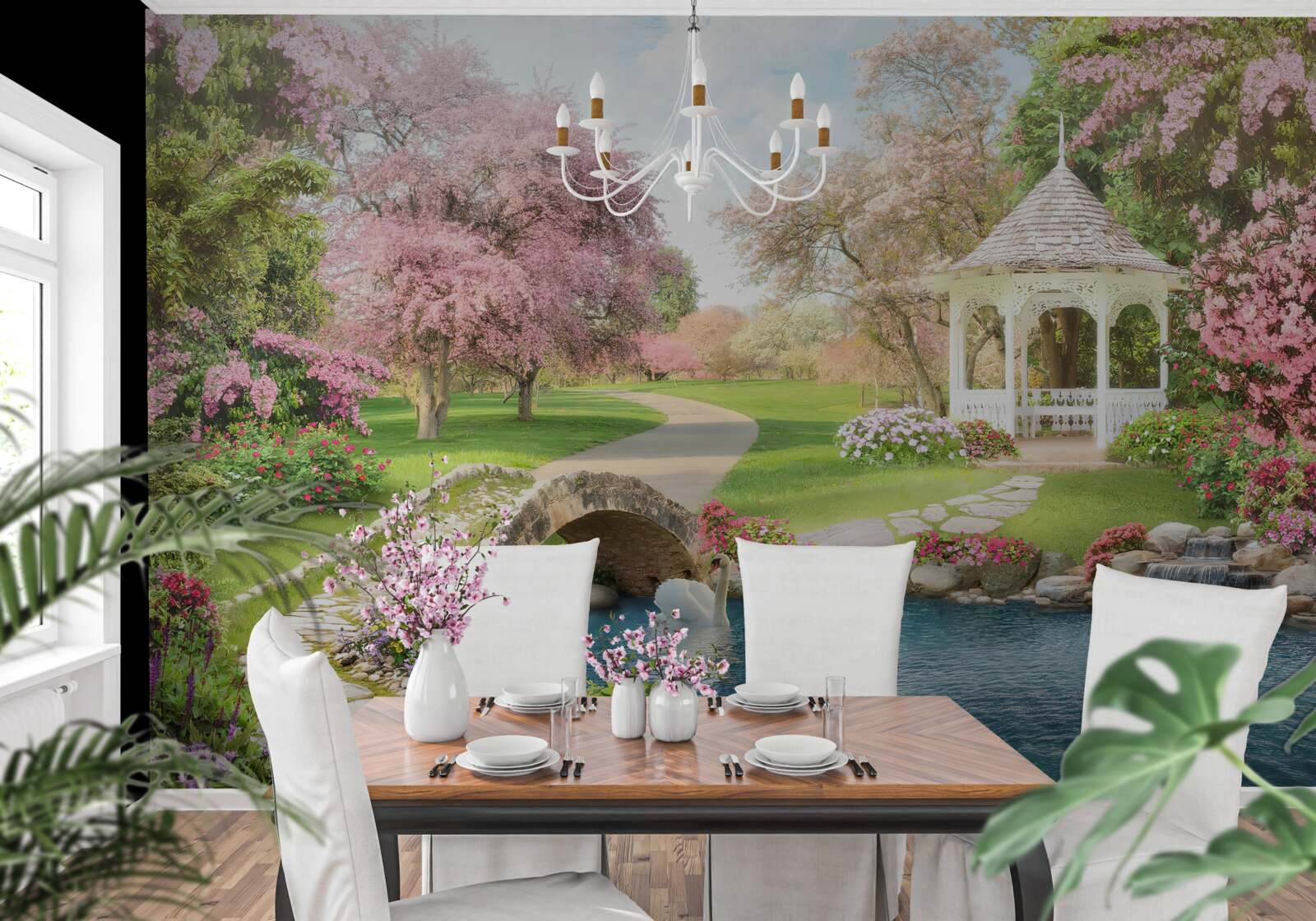 Fototapeta pavilón pri jazere s labuťami