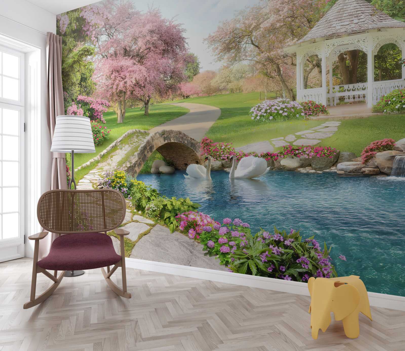 Fototapeta pavilón pri jazere s labuťami