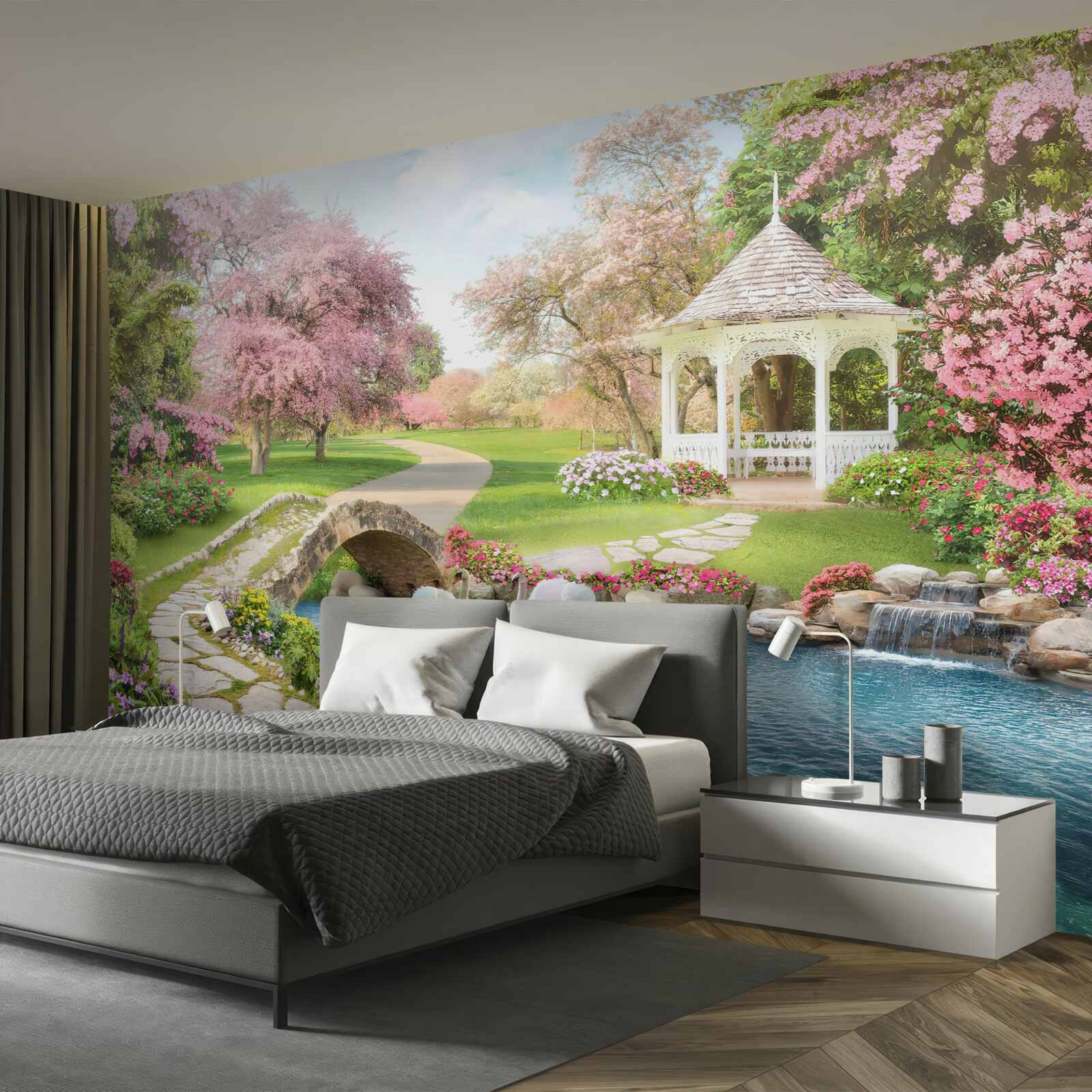 Fototapeta pavilón pri jazere s labuťami