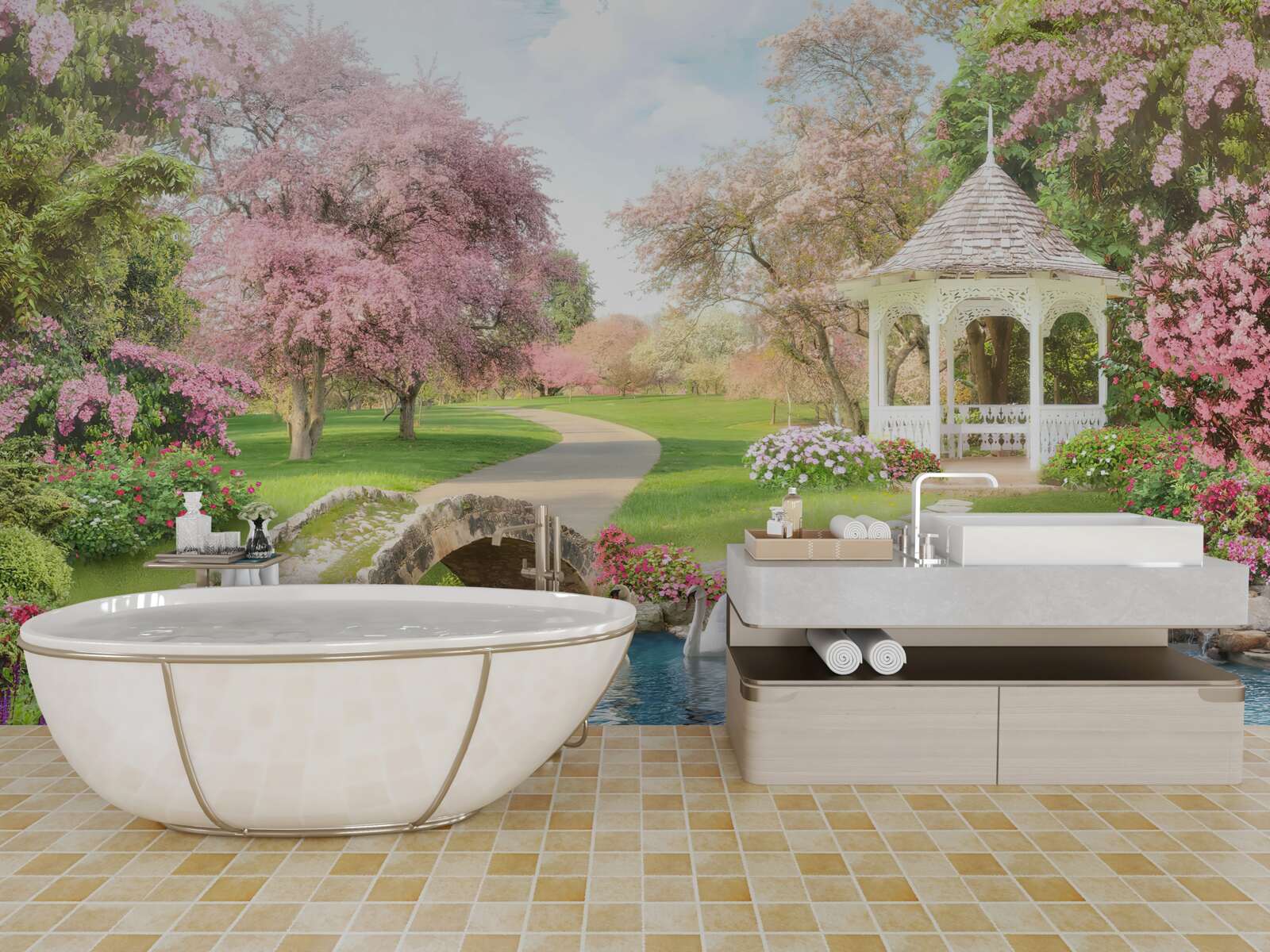 Fototapeta pavilón pri jazere s labuťami