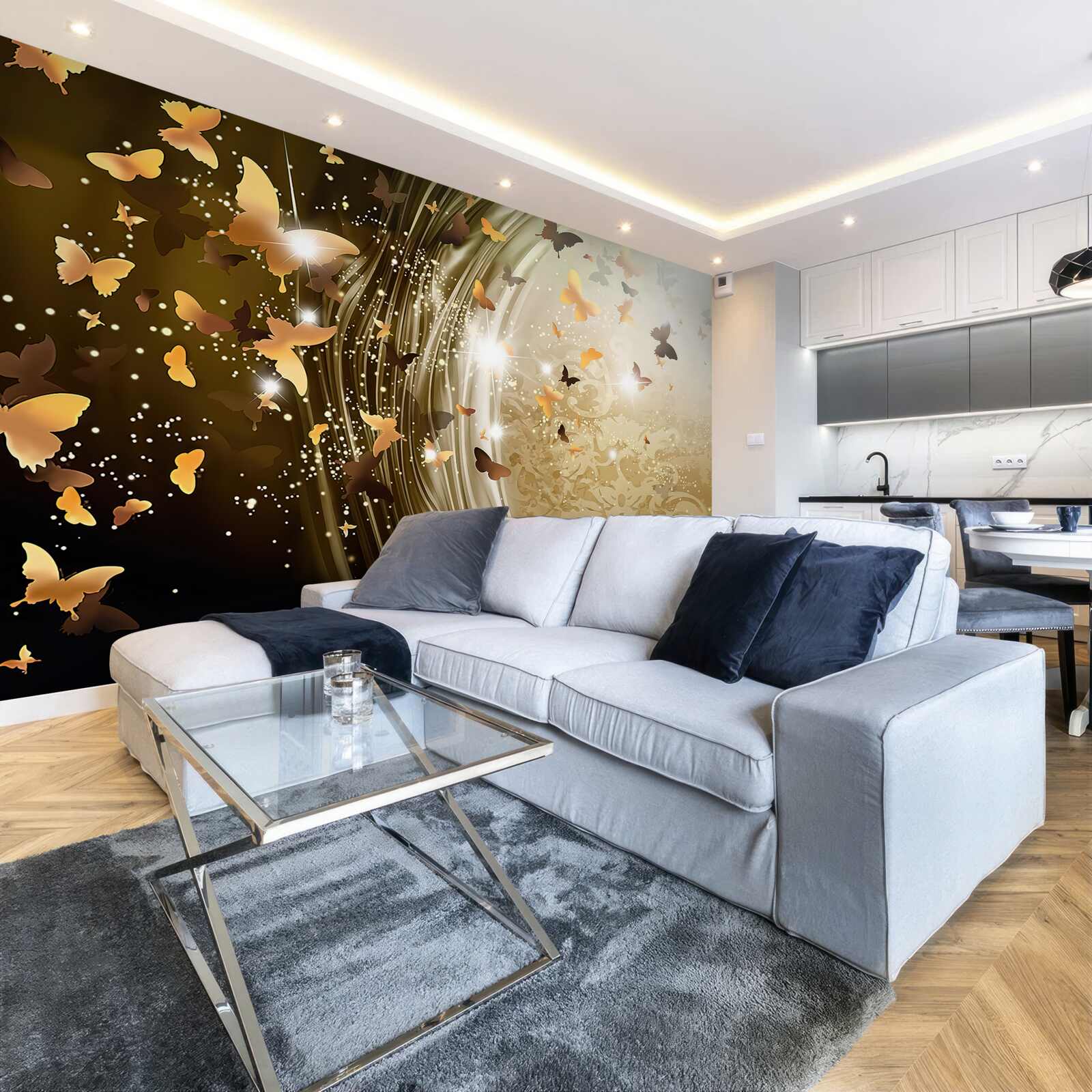 Fototapeta zlaté pozadie s motýľmi