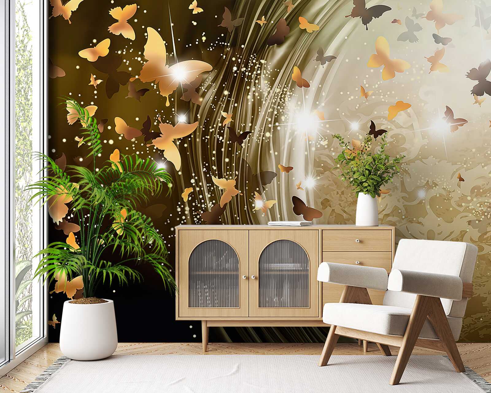 Fototapeta zlaté pozadie s motýľmi